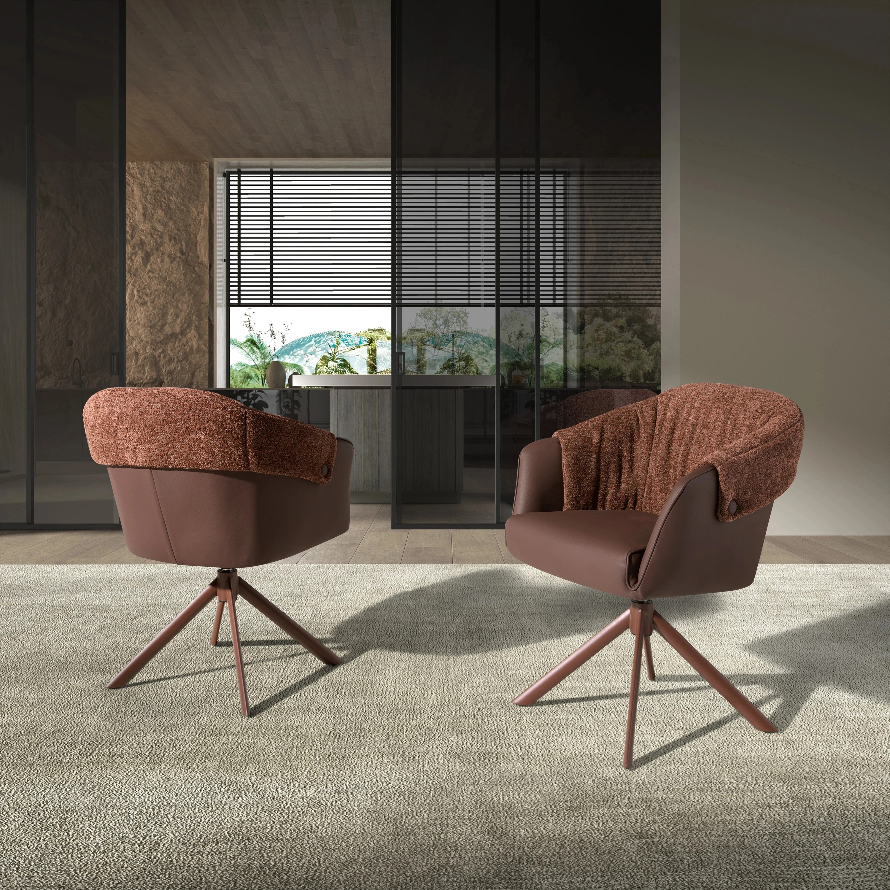 Chaise pivotante en similicuir marron cuivré et tissu marron chiné