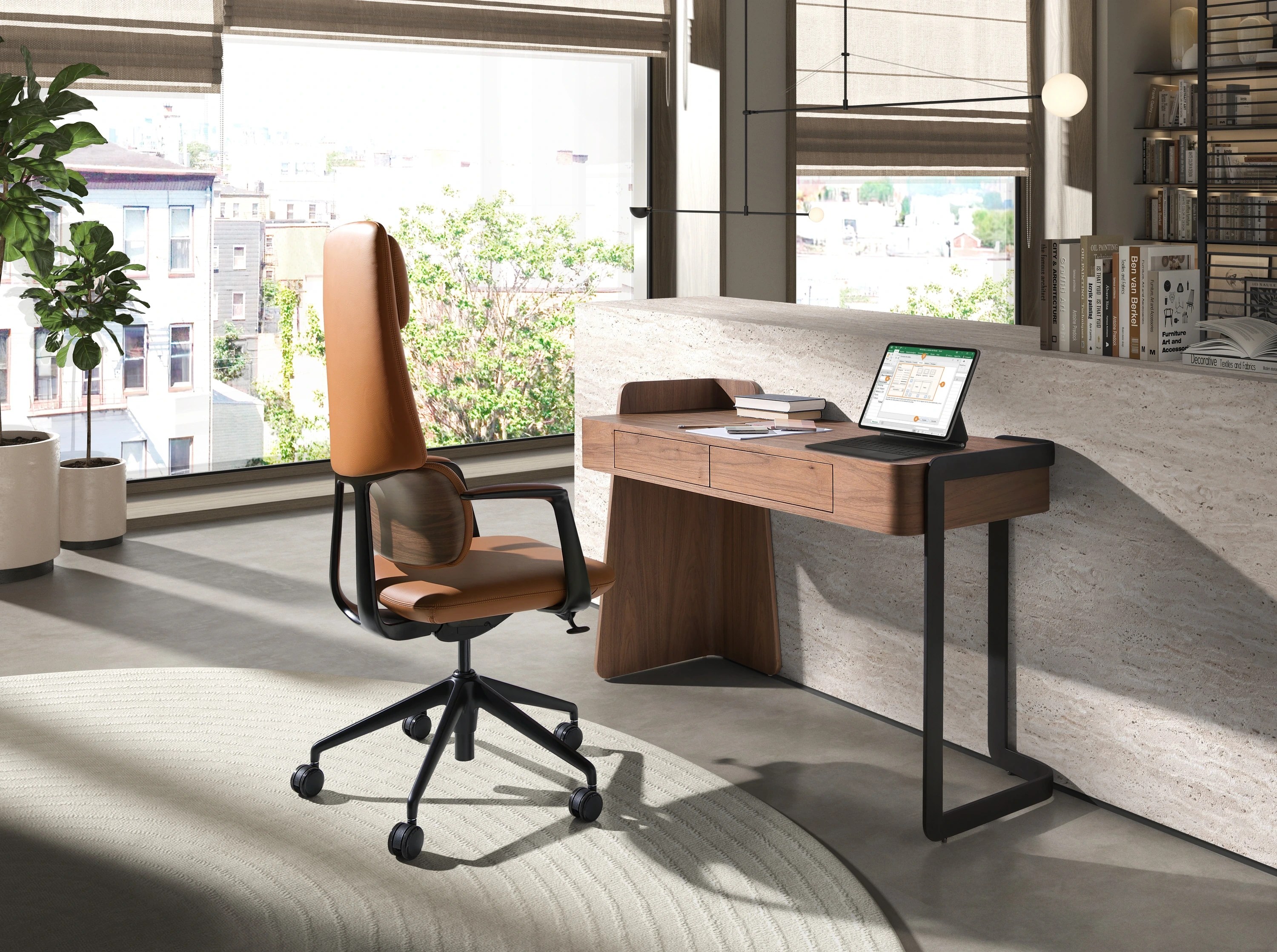 Chaise de bureau pivotante en similicuir marron