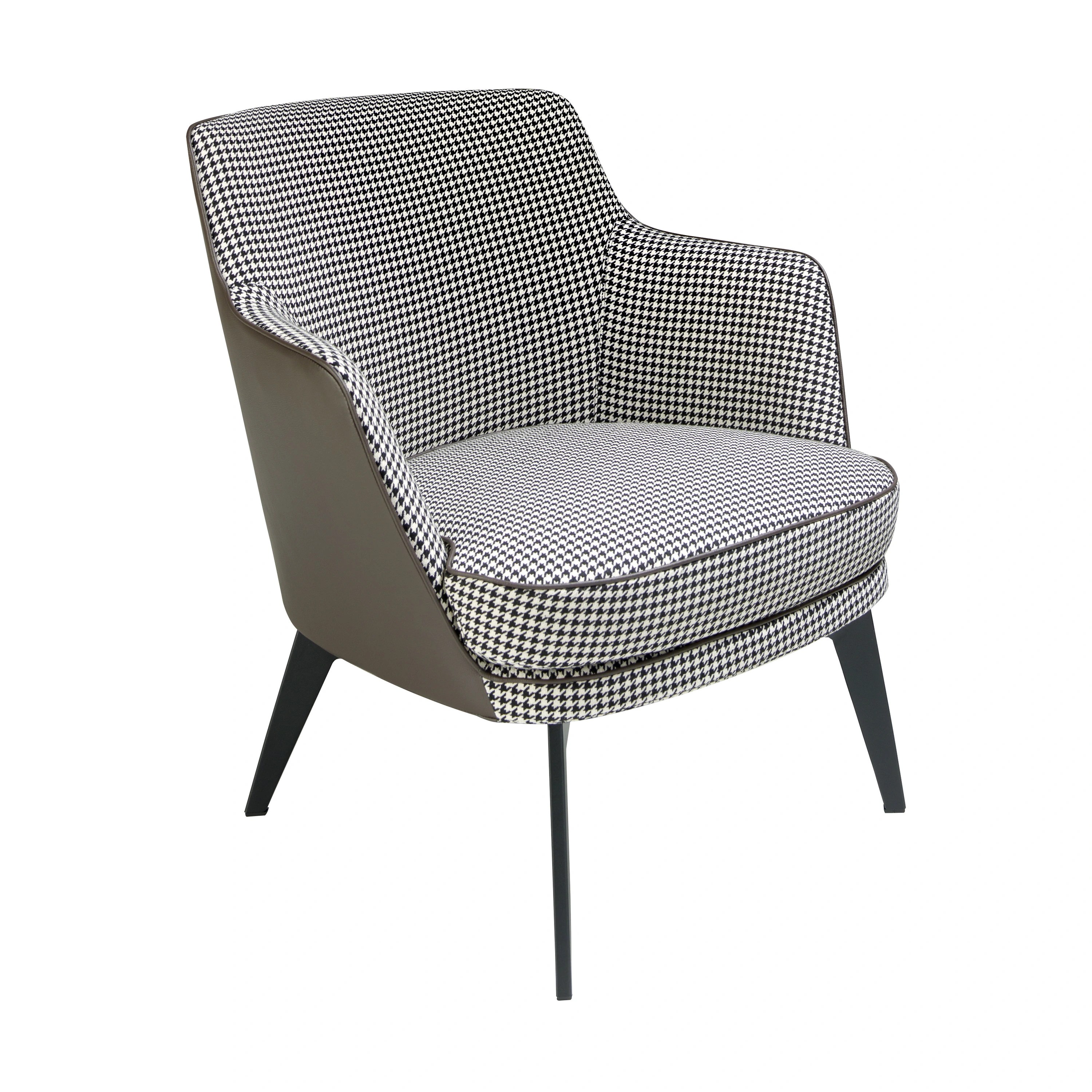 Fauteuil en similicuir brun chocolat et tissu noir et blanc