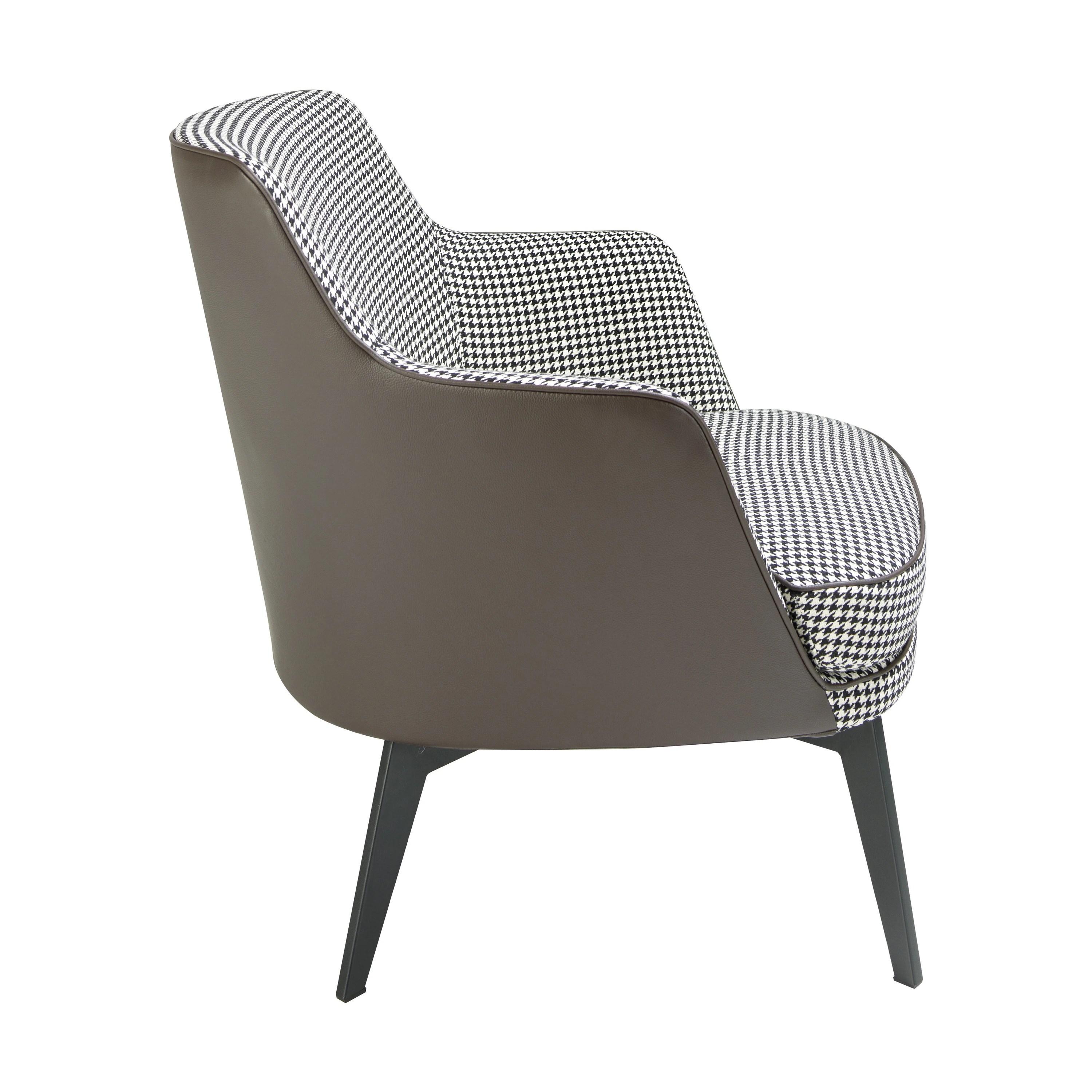 Fauteuil en similicuir brun chocolat et tissu noir et blanc