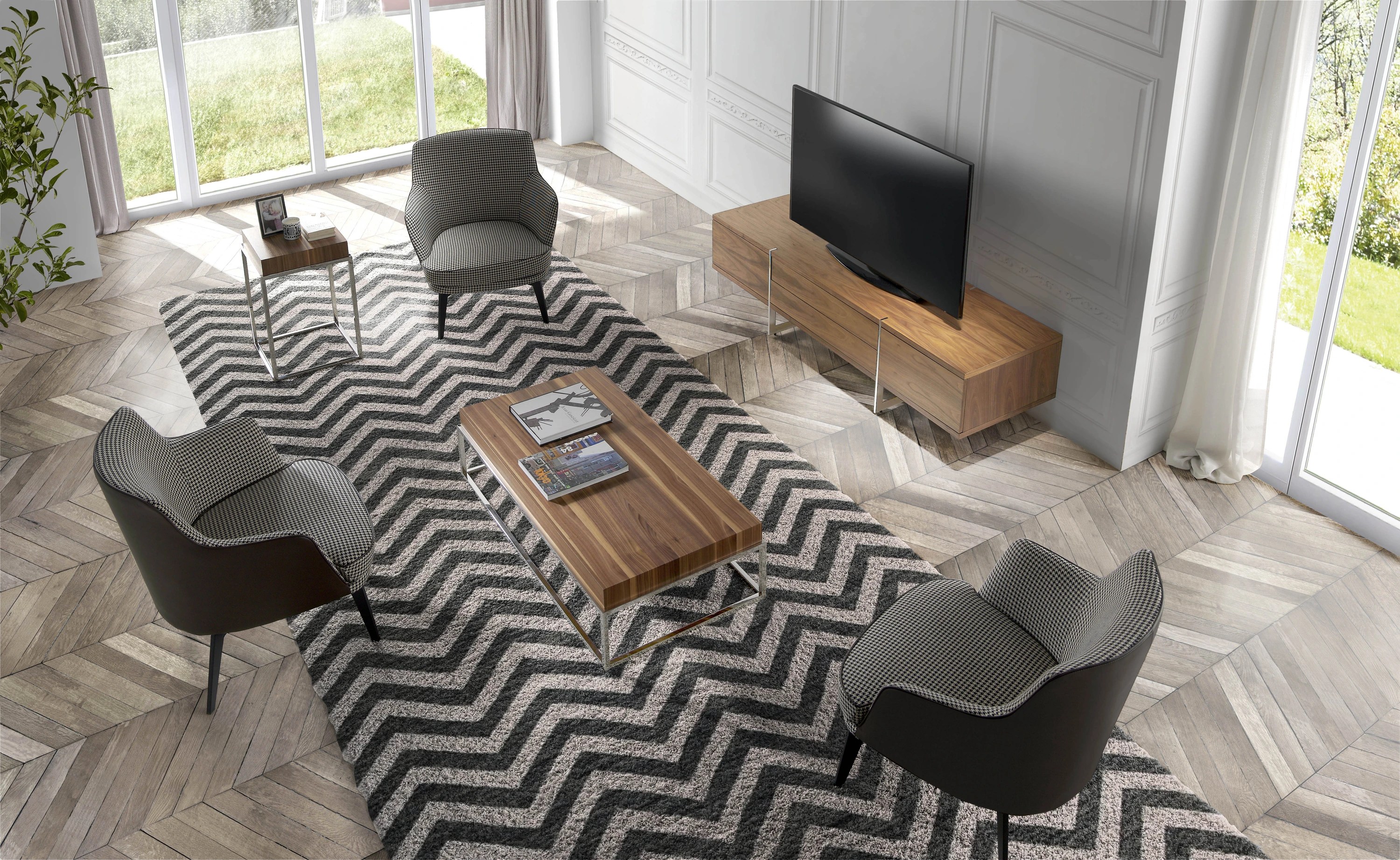 Fauteuil en similicuir brun chocolat et tissu noir et blanc