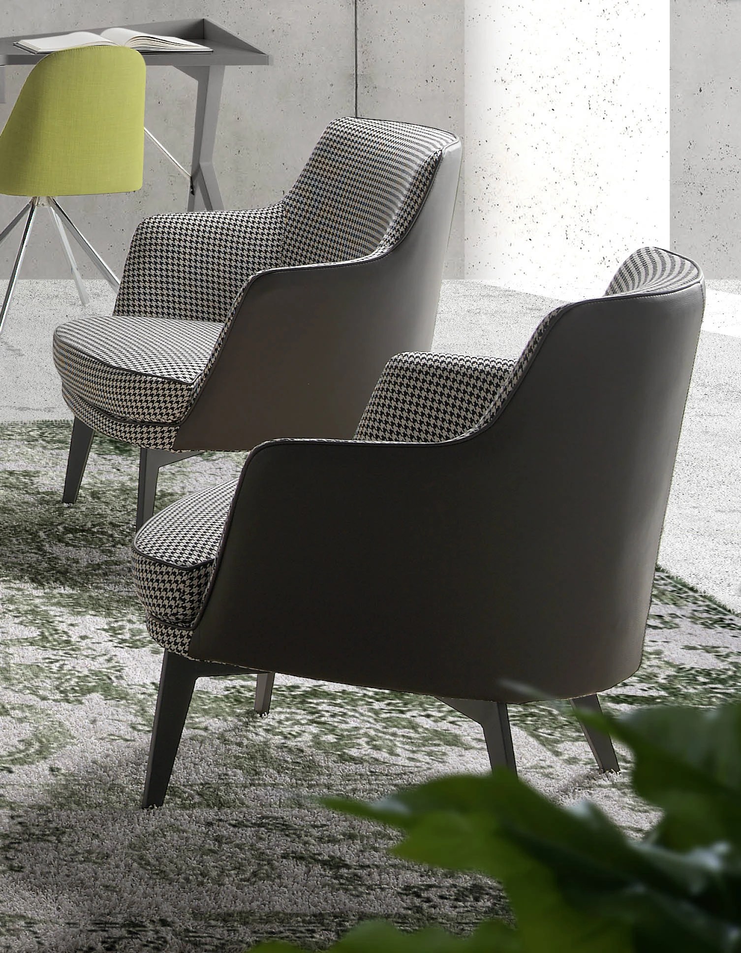 Fauteuil en similicuir brun chocolat et tissu noir et blanc