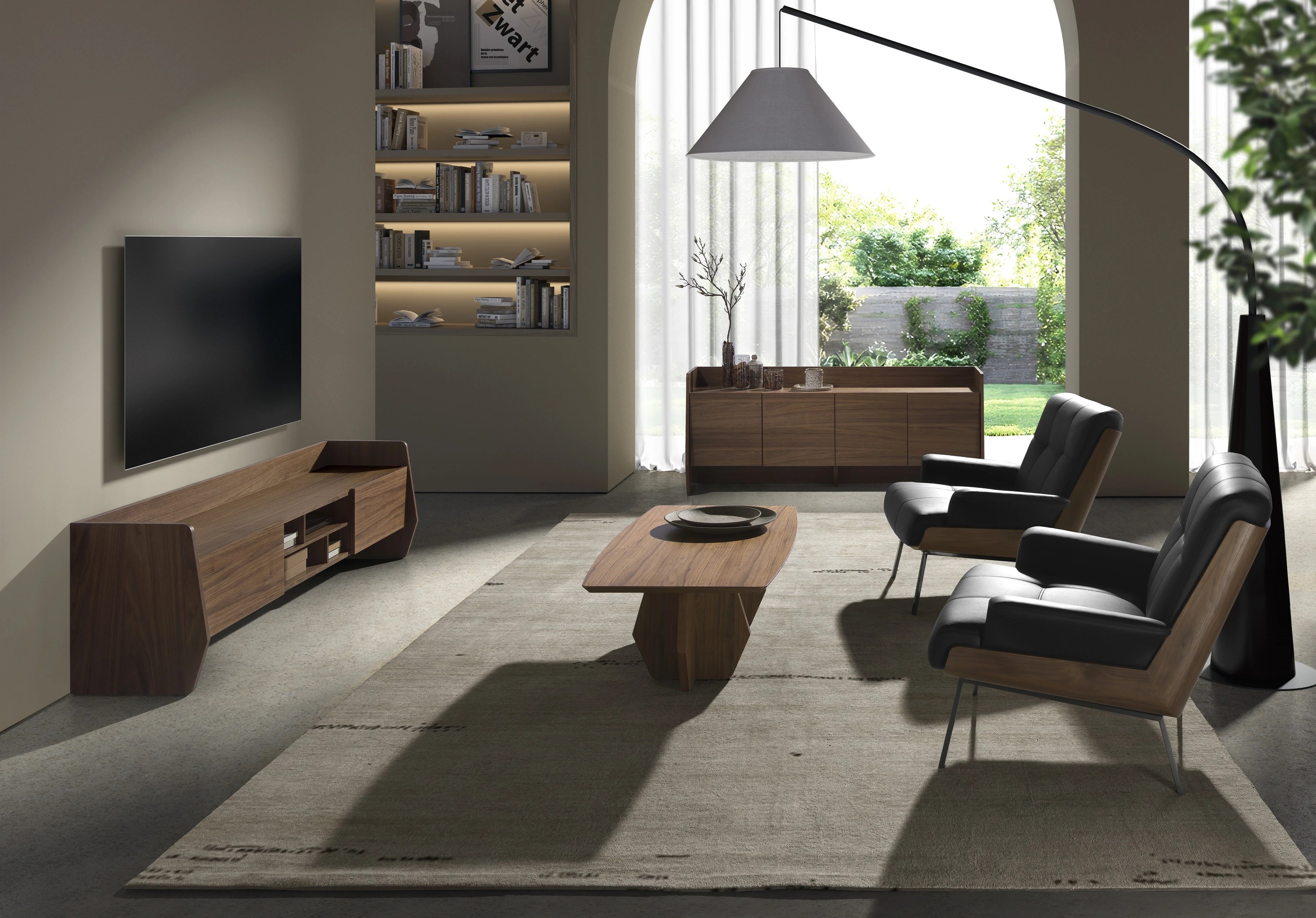 Fauteuil en similicuir noir et noyer