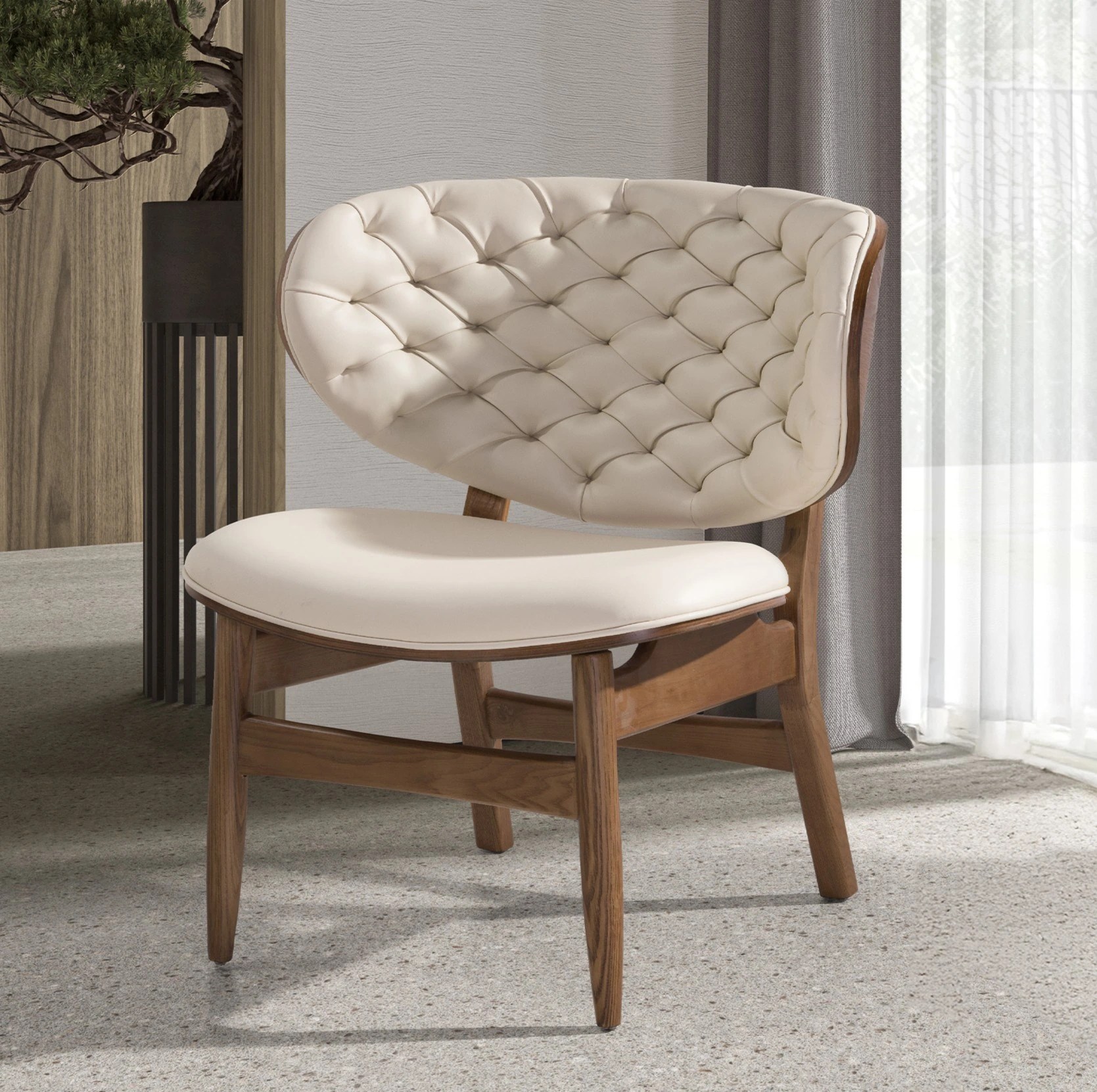 Fauteuil en similicuir sable et noyer