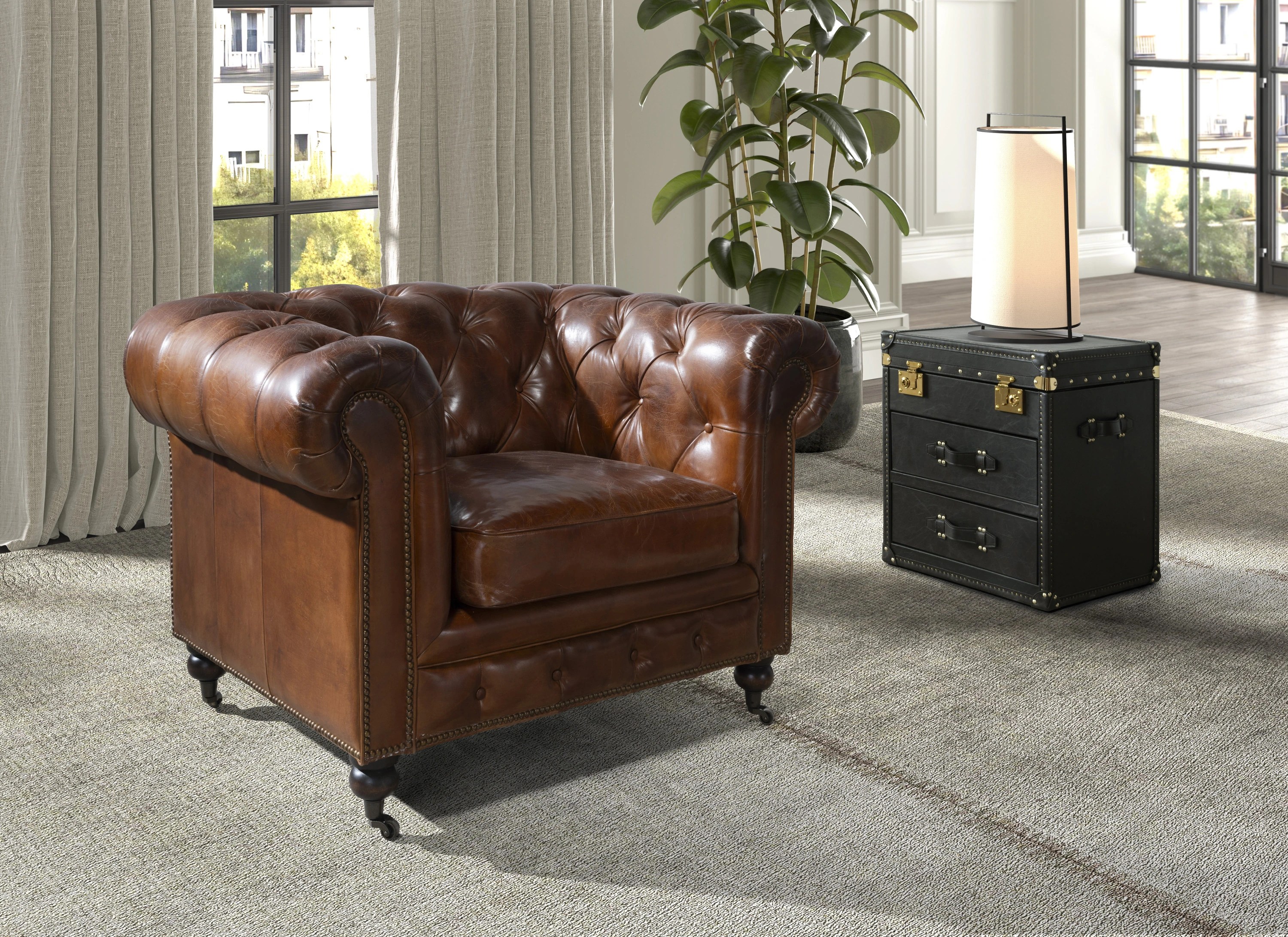 Fauteuil Chester en cuir brun cognac