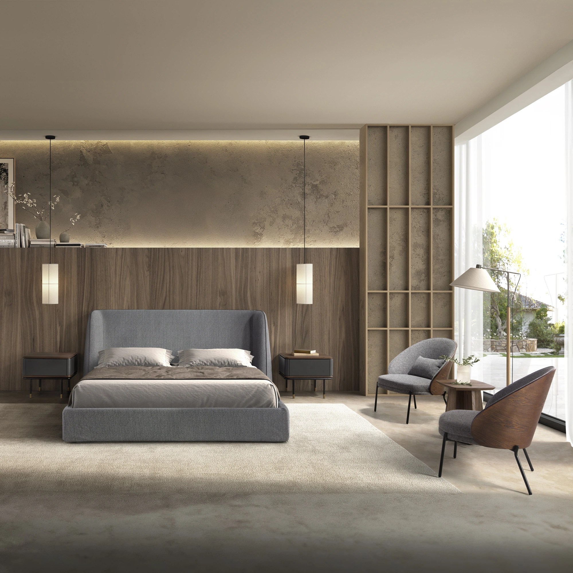 Fauteuil en tissu gris et noyer