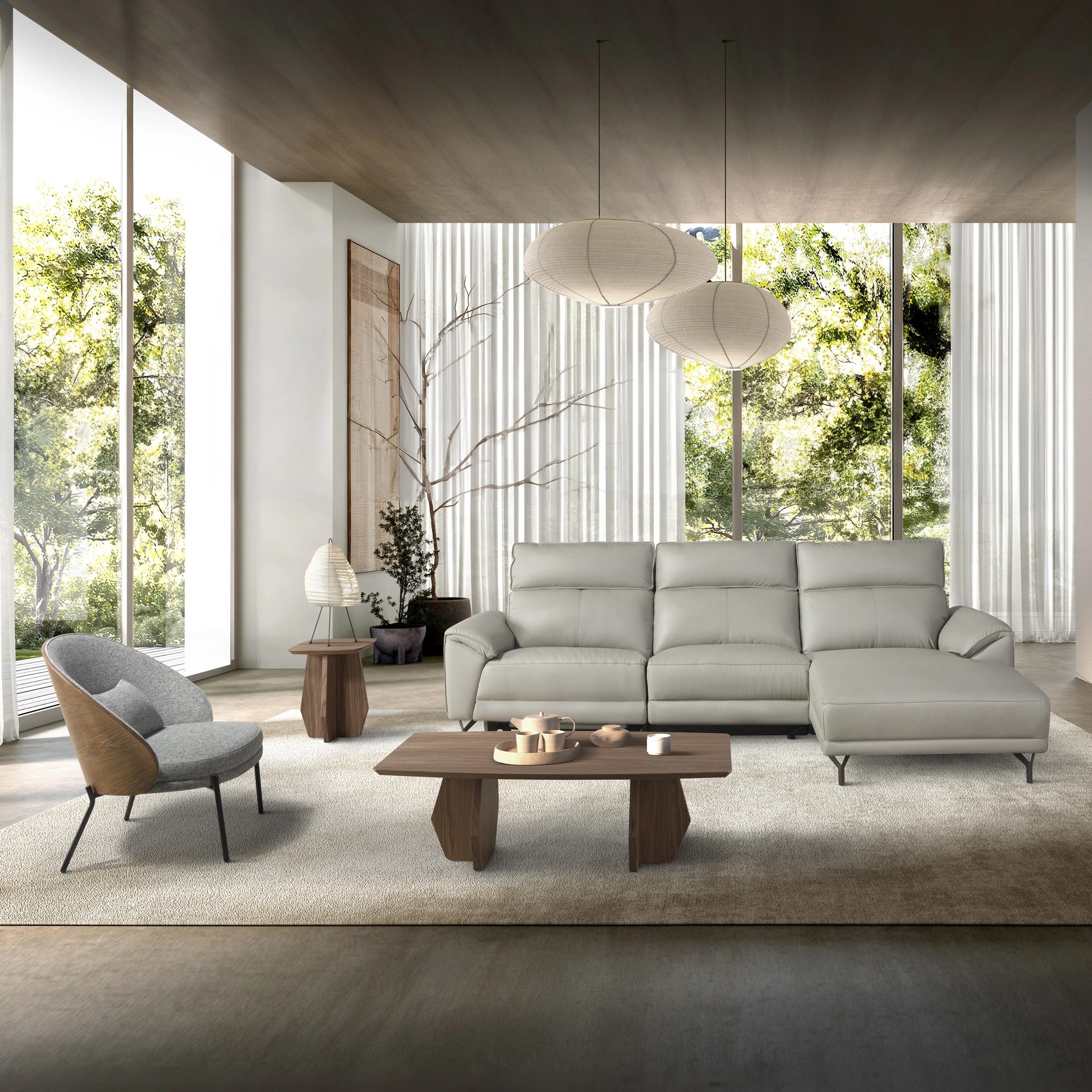 Fauteuil en tissu gris et noyer