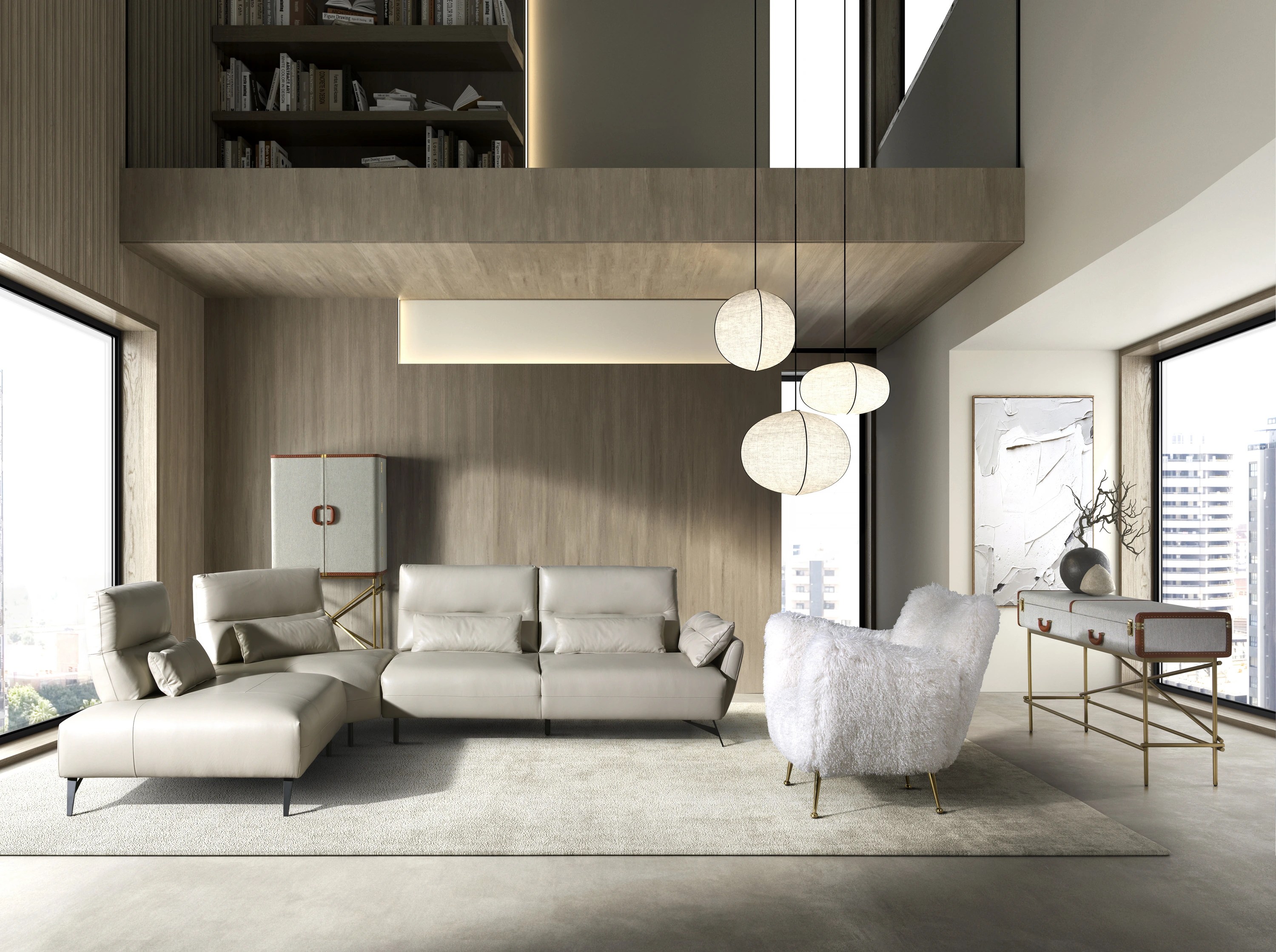 Fauteuil en tissu blanc à poils longs