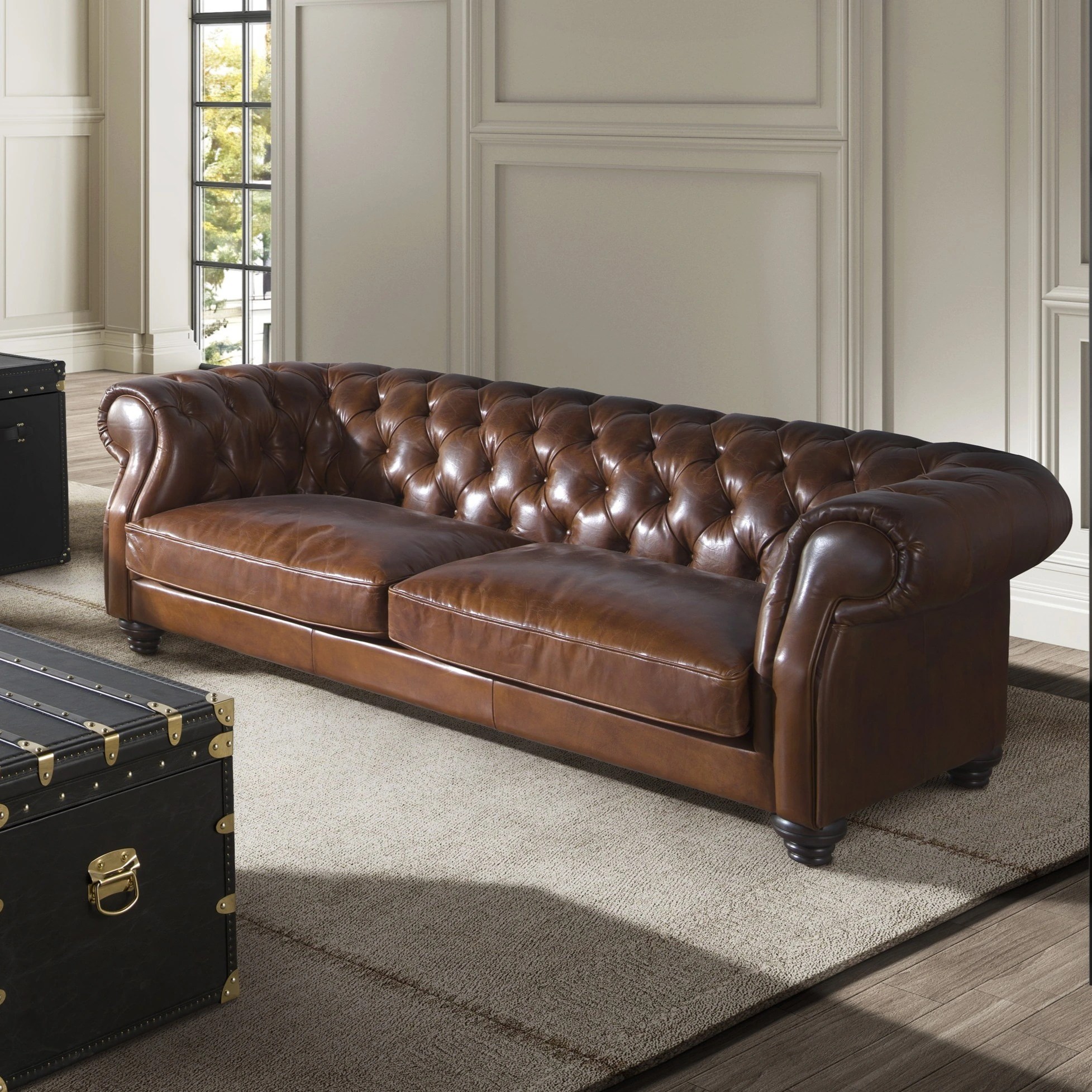 Canapé chester 3 places en cuir marron cognac
