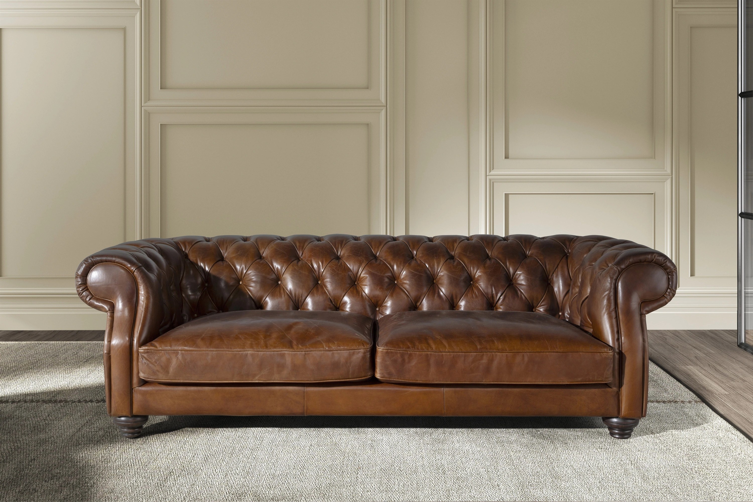 Canapé chester 3 places en cuir marron cognac