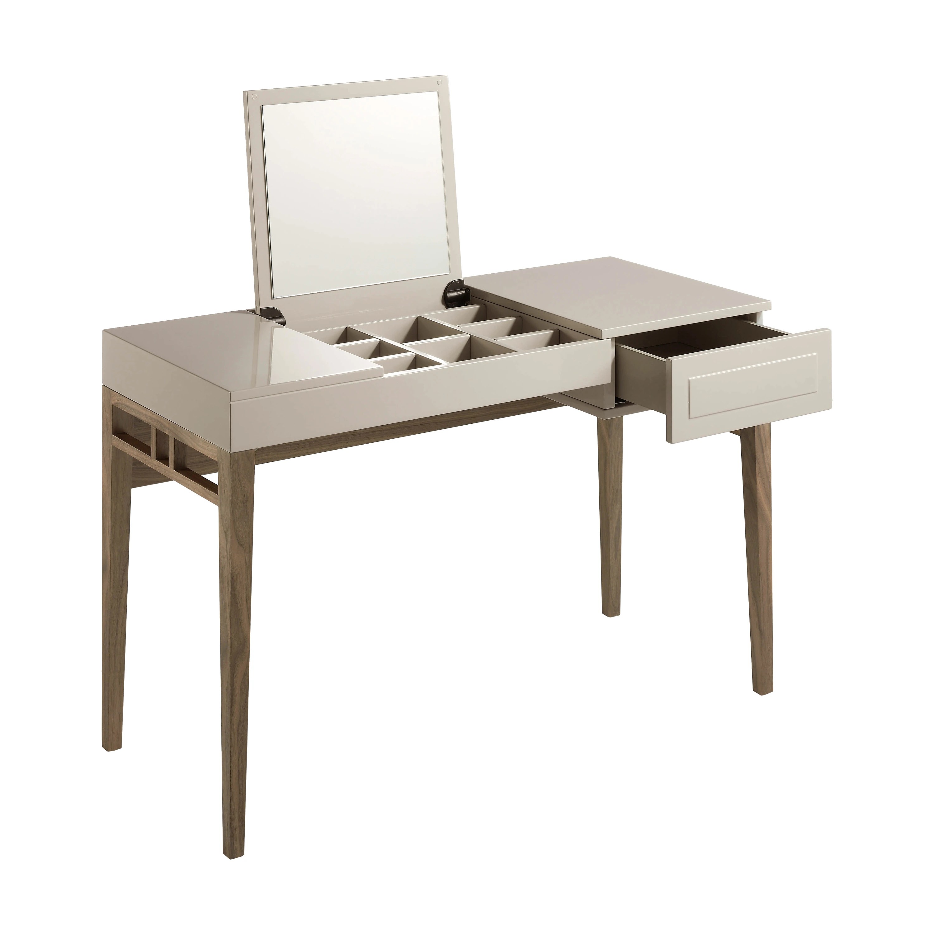 Coiffeuse en bois gris et noyer avec miroir
