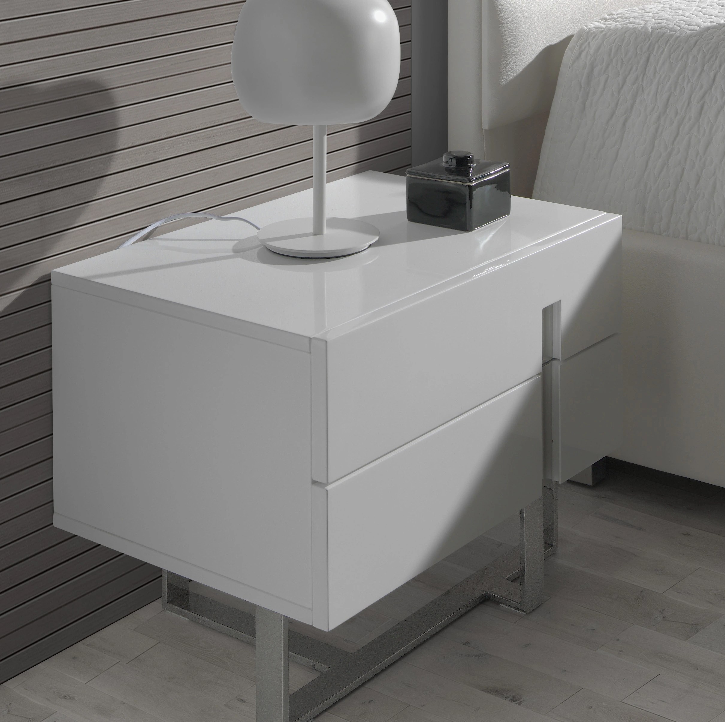 Table de chevet bois blanc et acier chromé