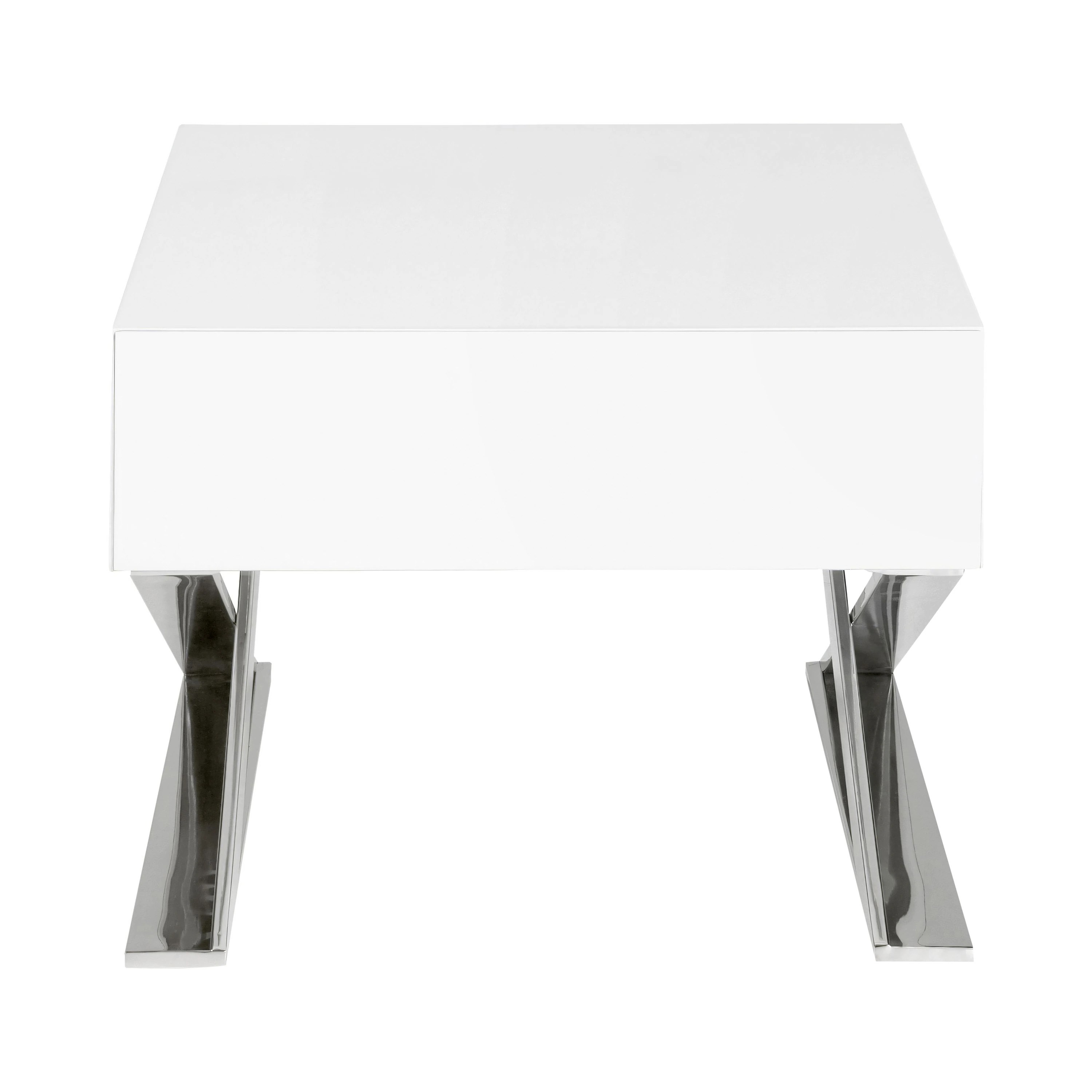 Table de chevet en bois blanc et acier chromé