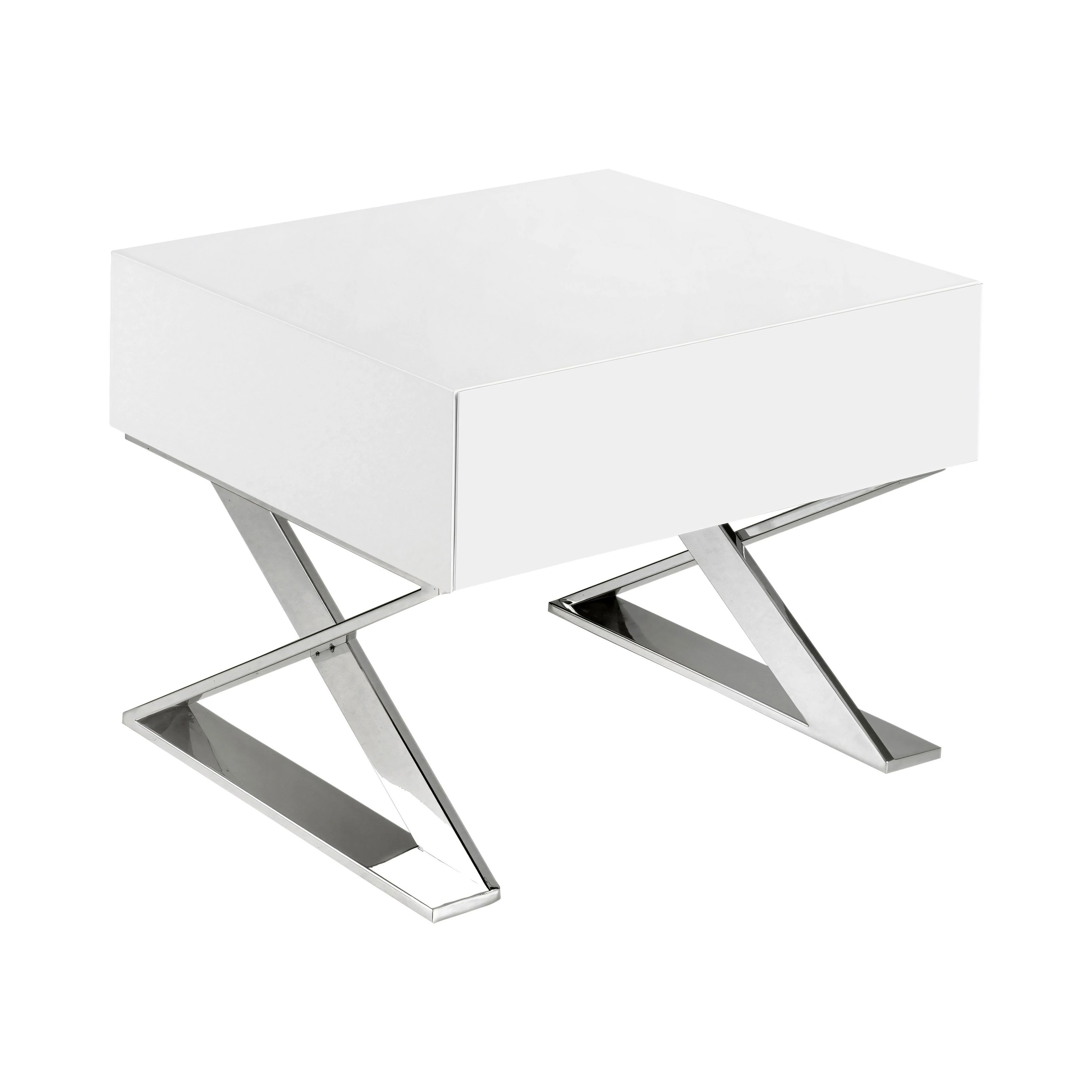 Table de chevet en bois blanc et acier chromé