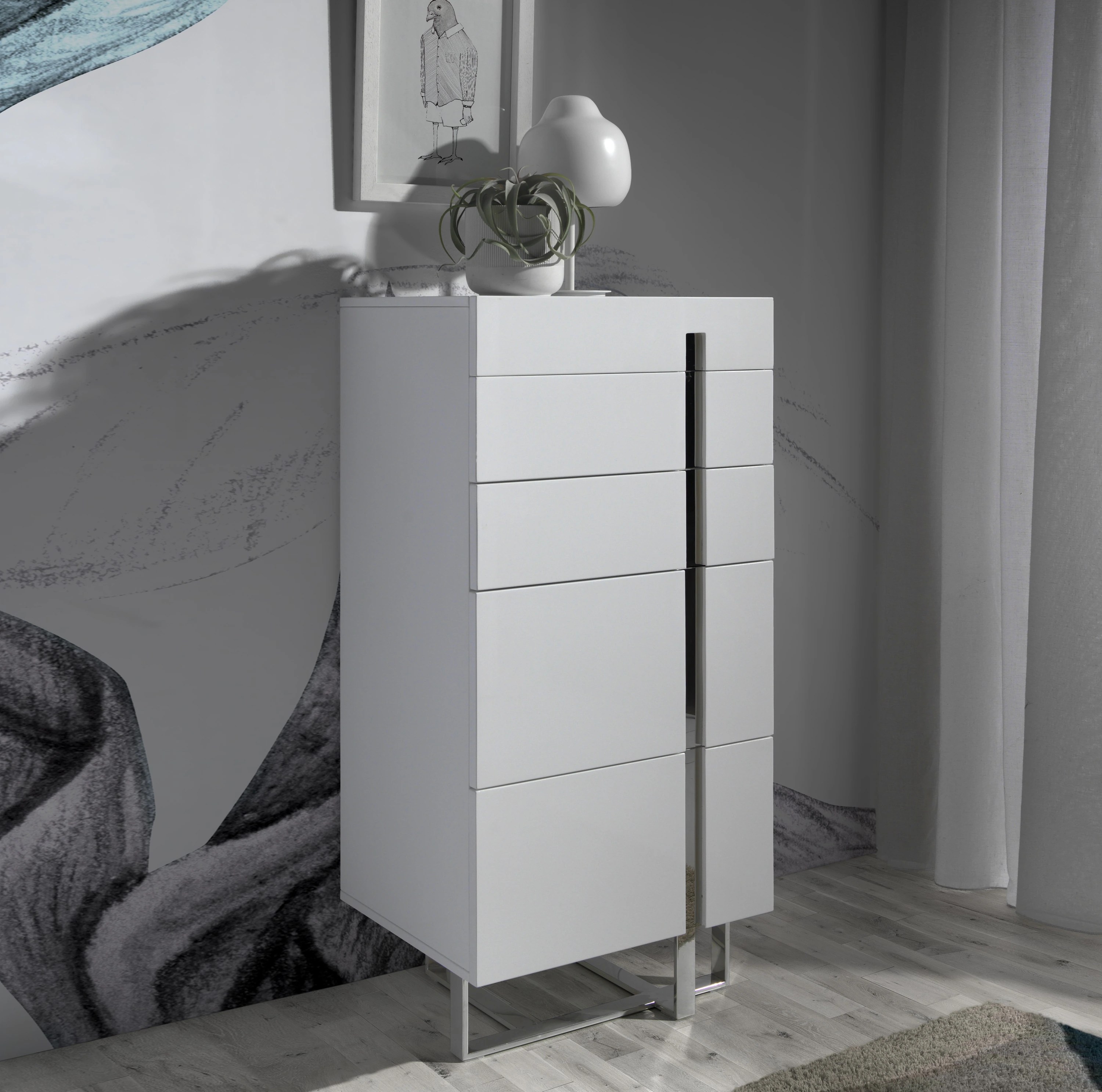 Chiffonnier bois blanc et acier chromé