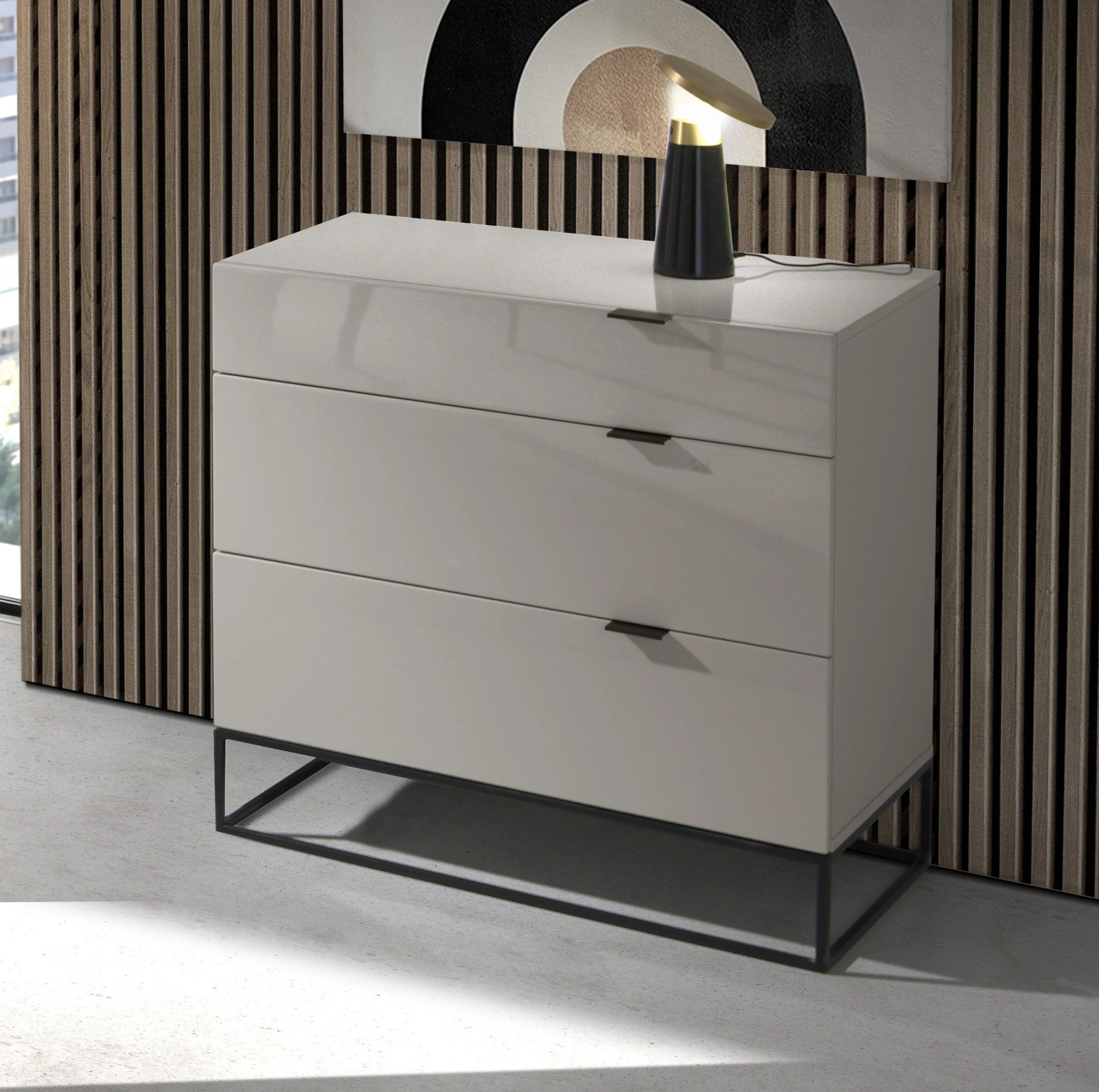 Commode bois gris et acier noir