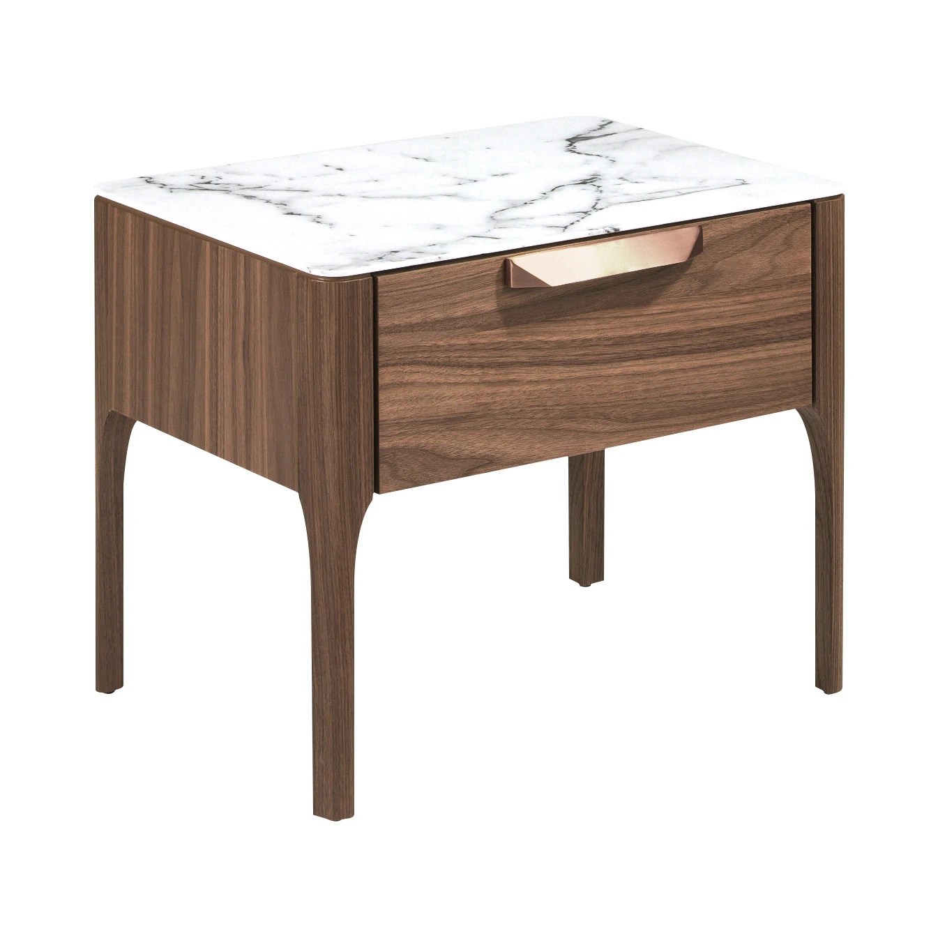 Table de chevet en noyer avec plateau en verre imitation marbre et éclairage intérieur