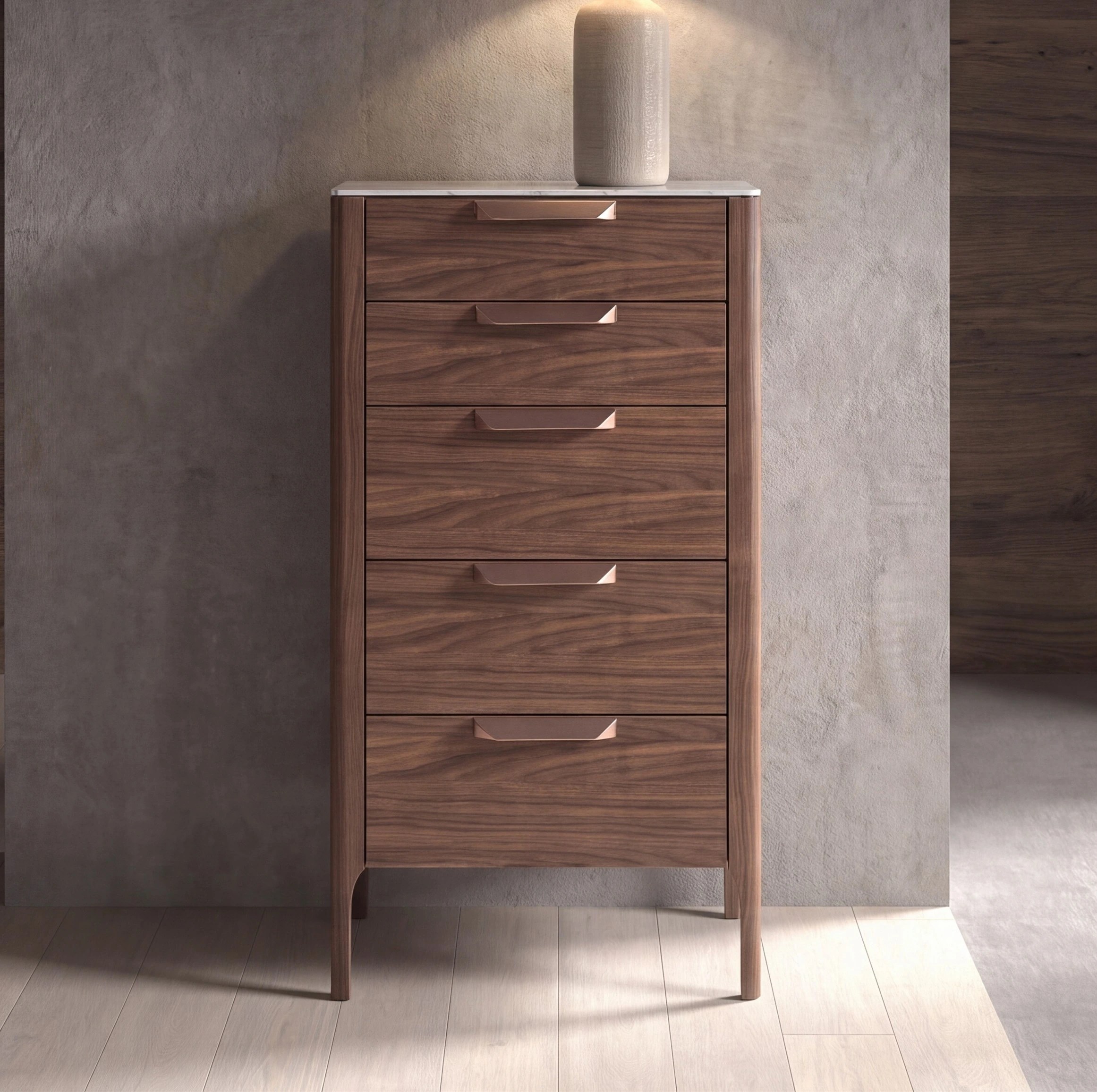 Chiffonnier en noyer avec plateau en verre imitation marbre