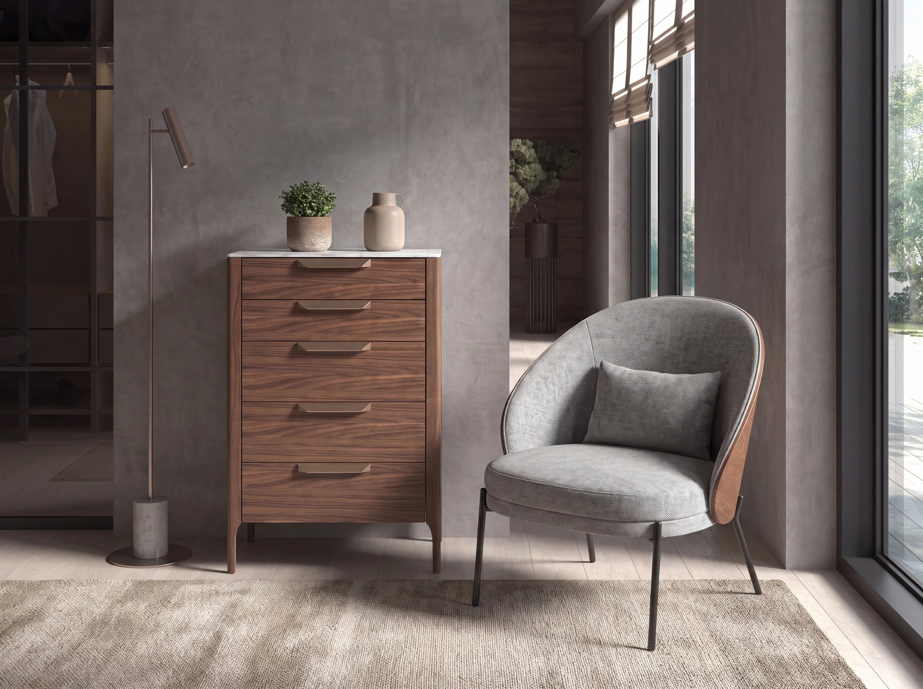 Chiffonnier en noyer avec plateau en verre imitation marbre