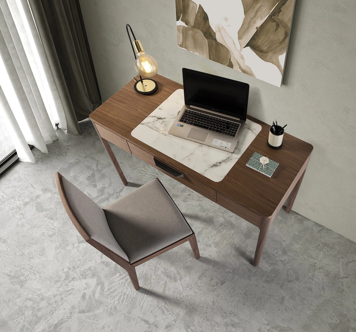 Coiffeuse en noyer avec plateau en verre marbré blanc et gris brillant
