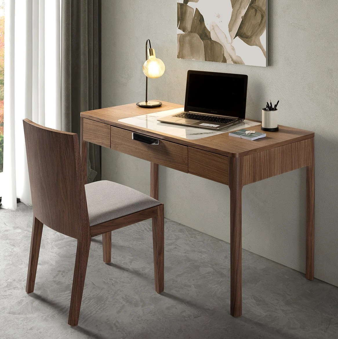 Coiffeuse en noyer avec plateau en verre marbré blanc et gris brillant