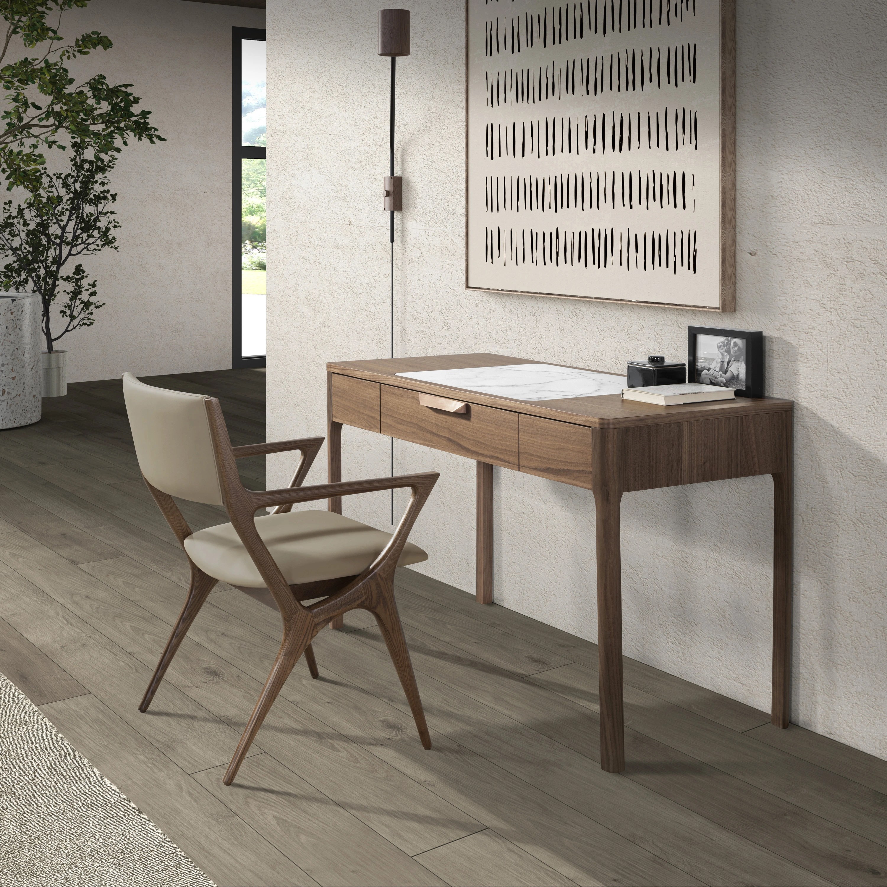 Coiffeuse en noyer avec plateau en verre marbré blanc et gris brillant