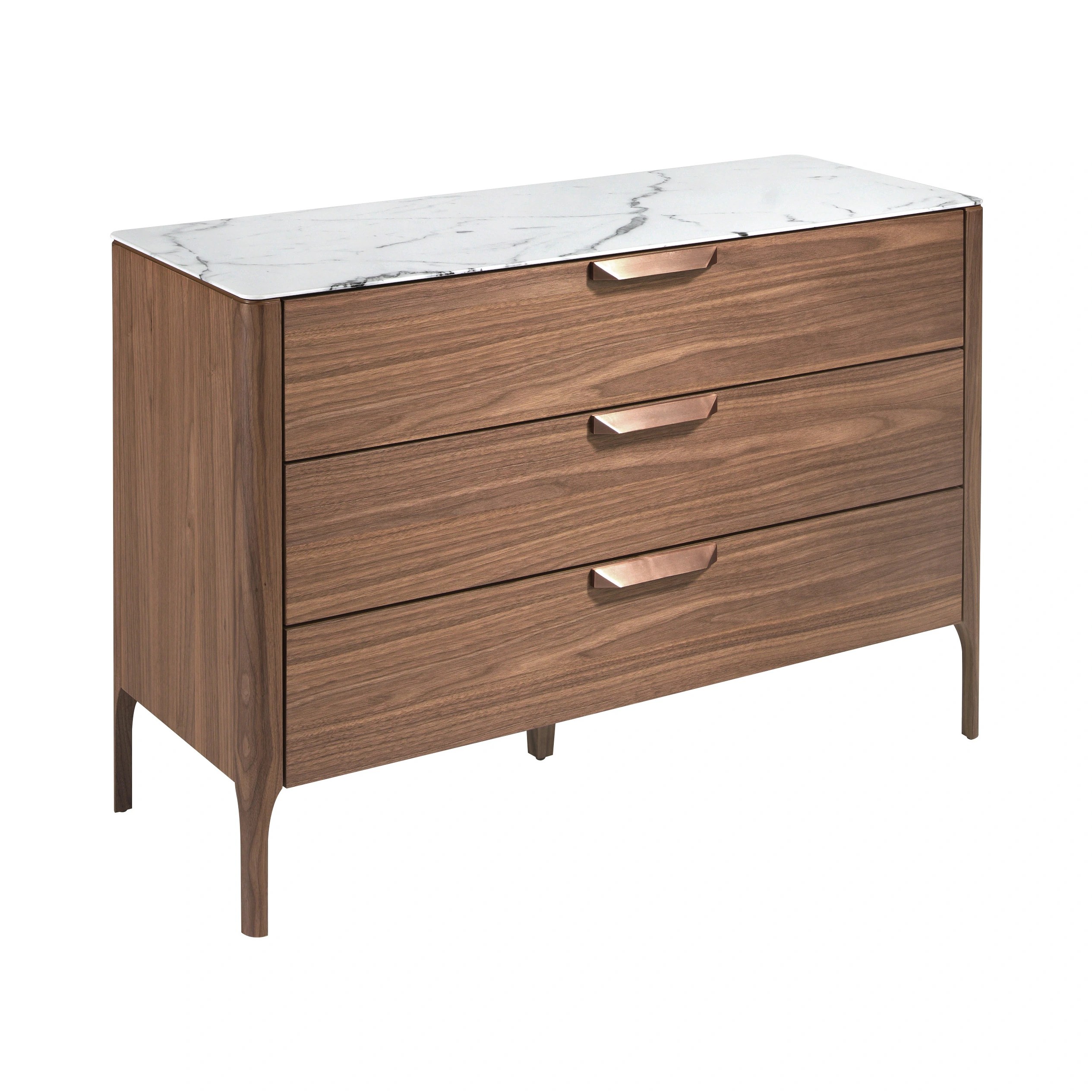 Commode en noyer avec plateau en verre effet marbre
