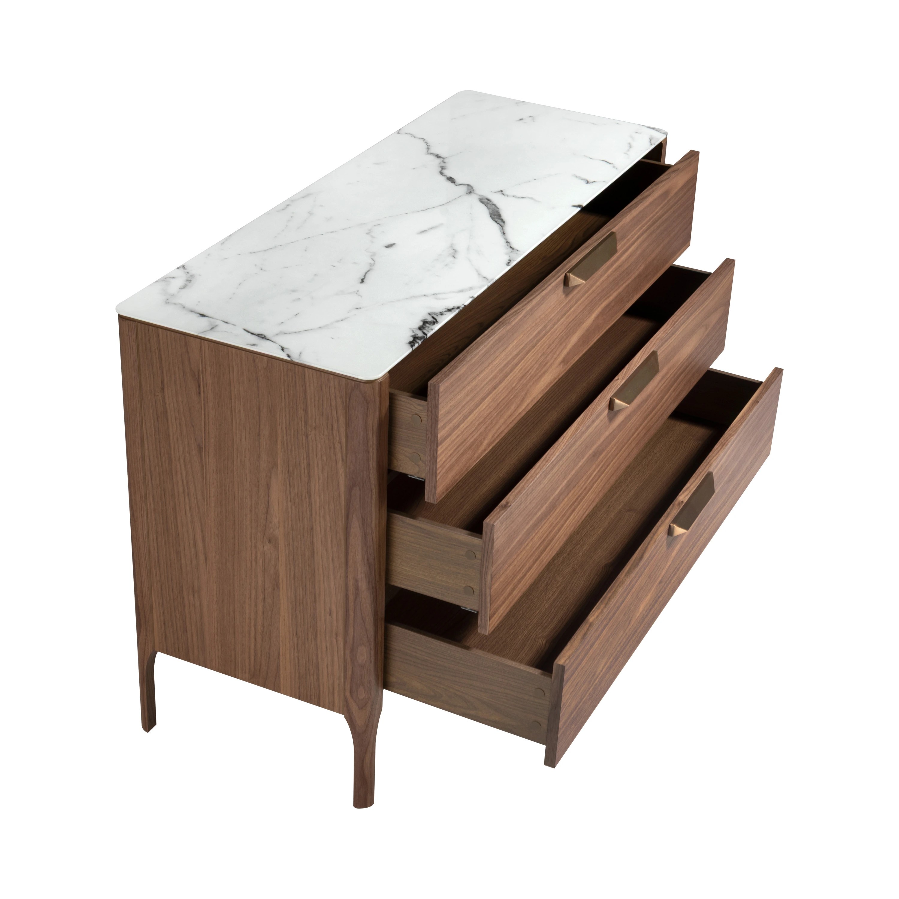 Commode en noyer avec plateau en verre effet marbre