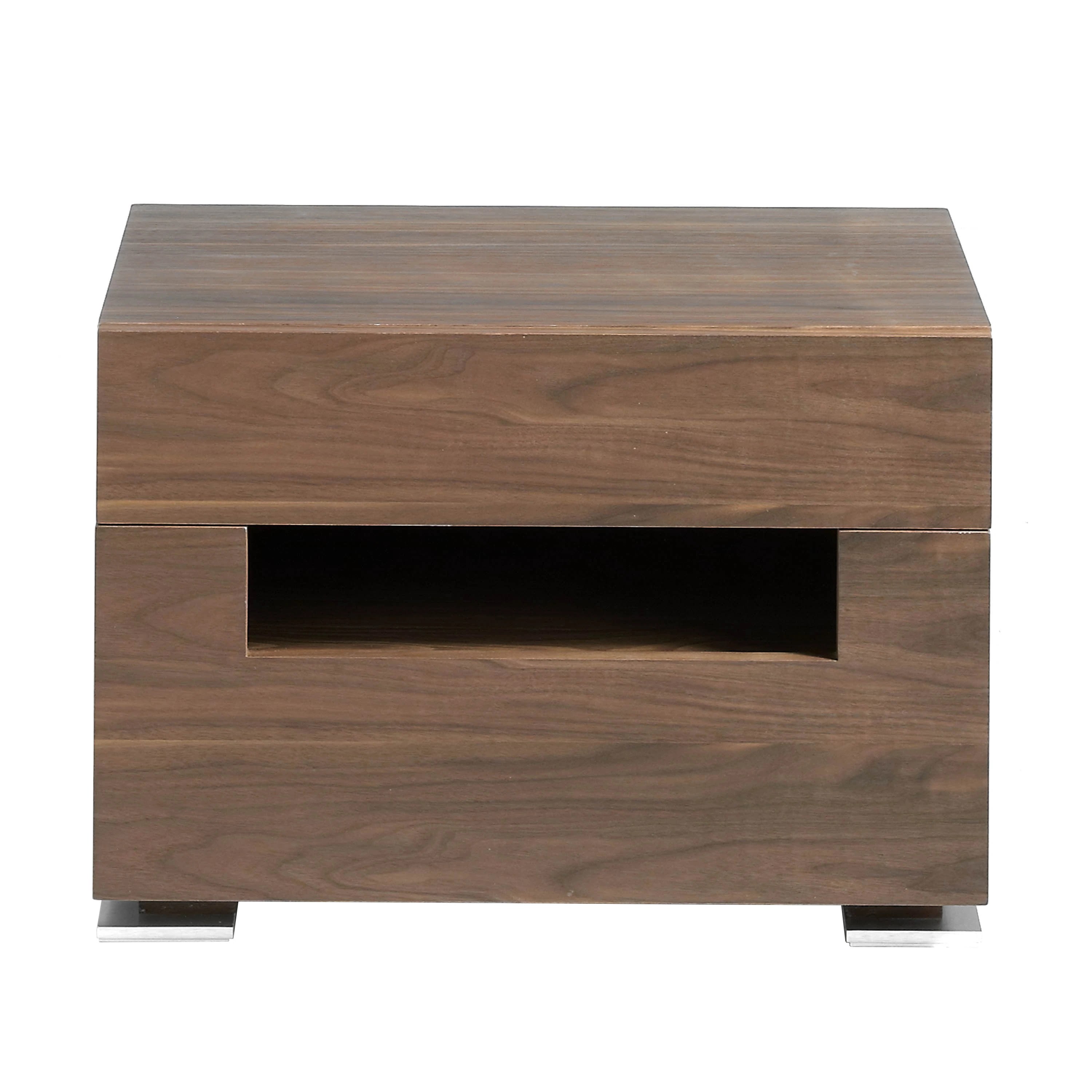 Table de chevet en noyer et acier poli avec éclairage intérieur