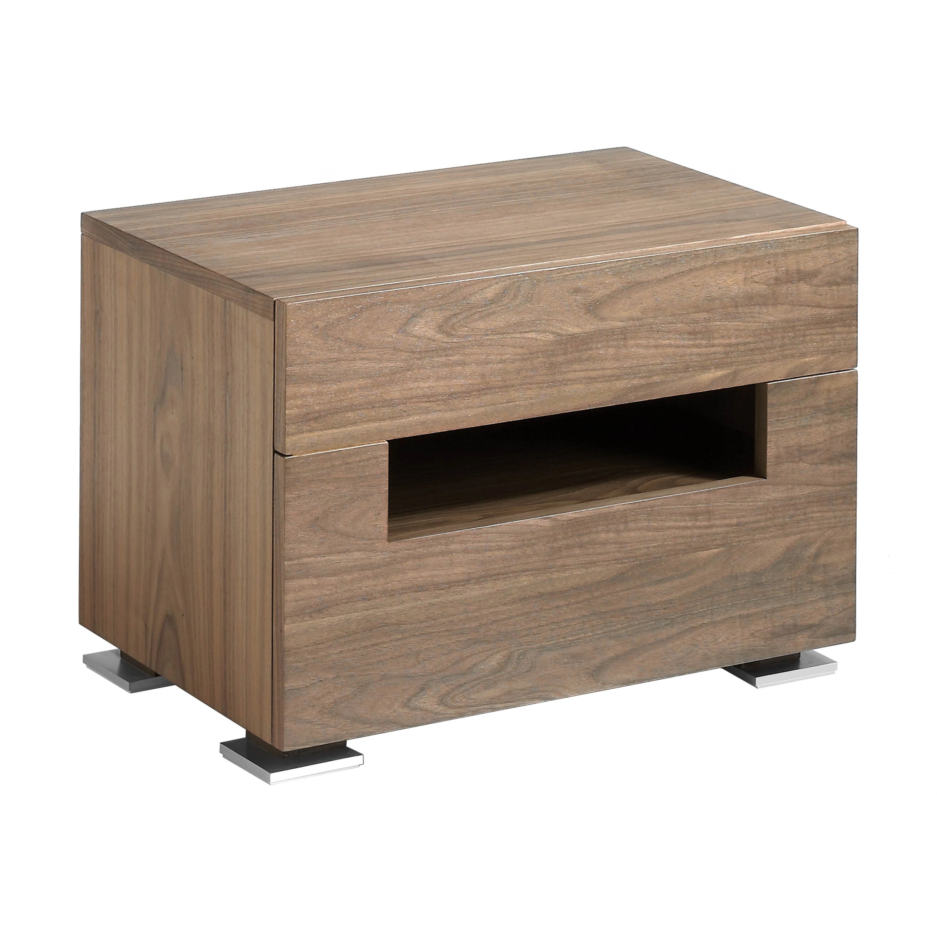 Table de chevet en noyer et acier poli avec éclairage intérieur