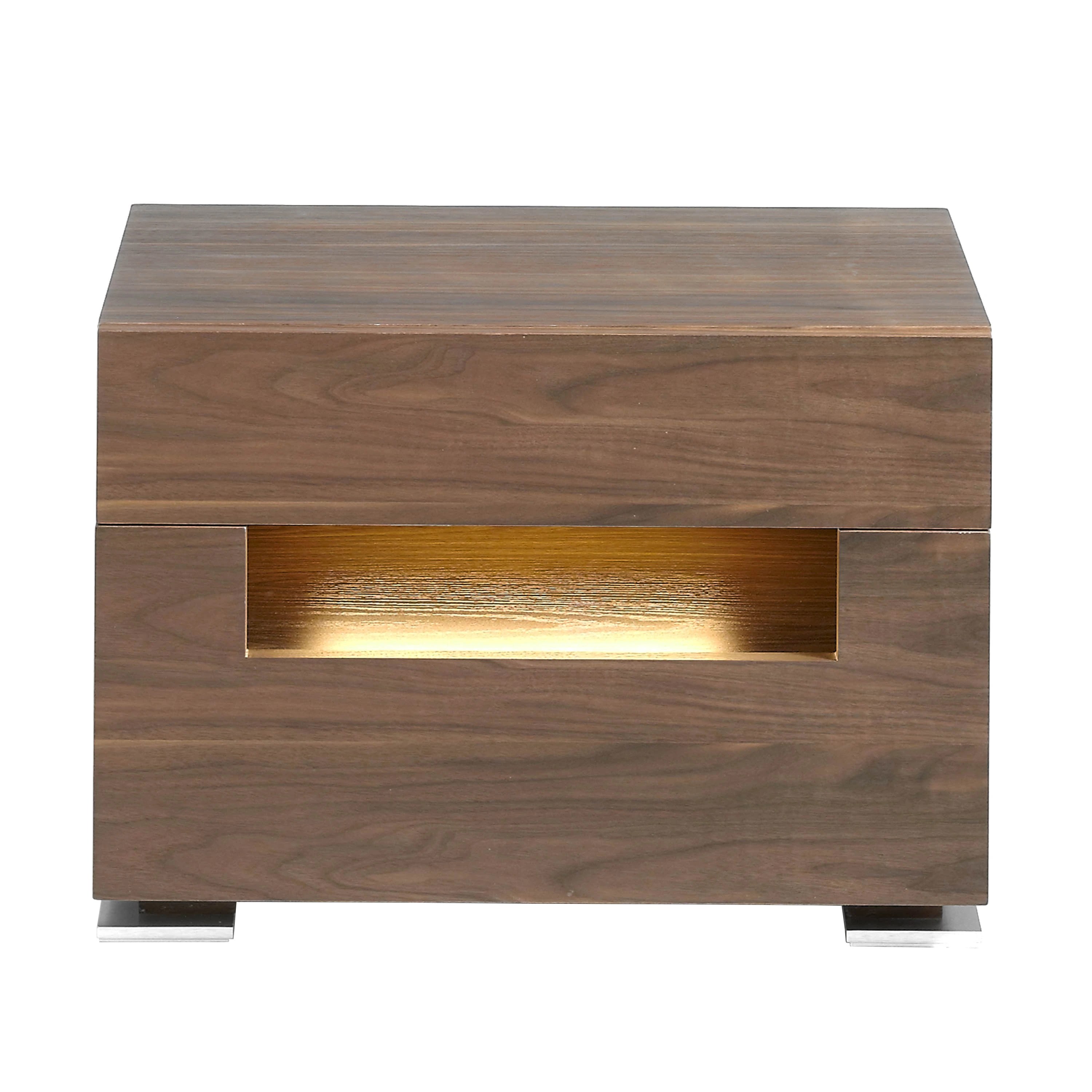 Table de chevet en noyer et acier poli avec éclairage intérieur