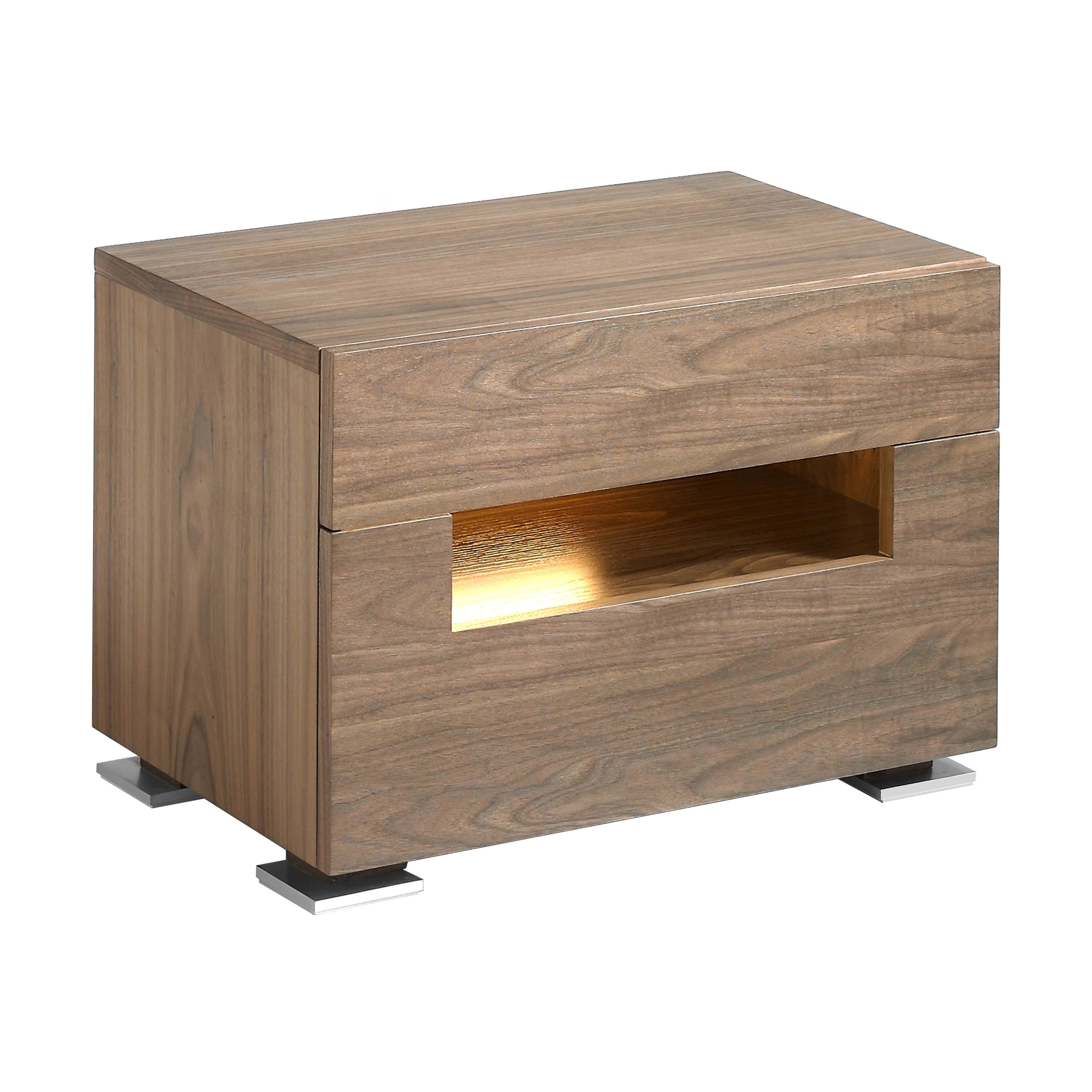 Table de chevet en noyer et acier poli avec éclairage intérieur