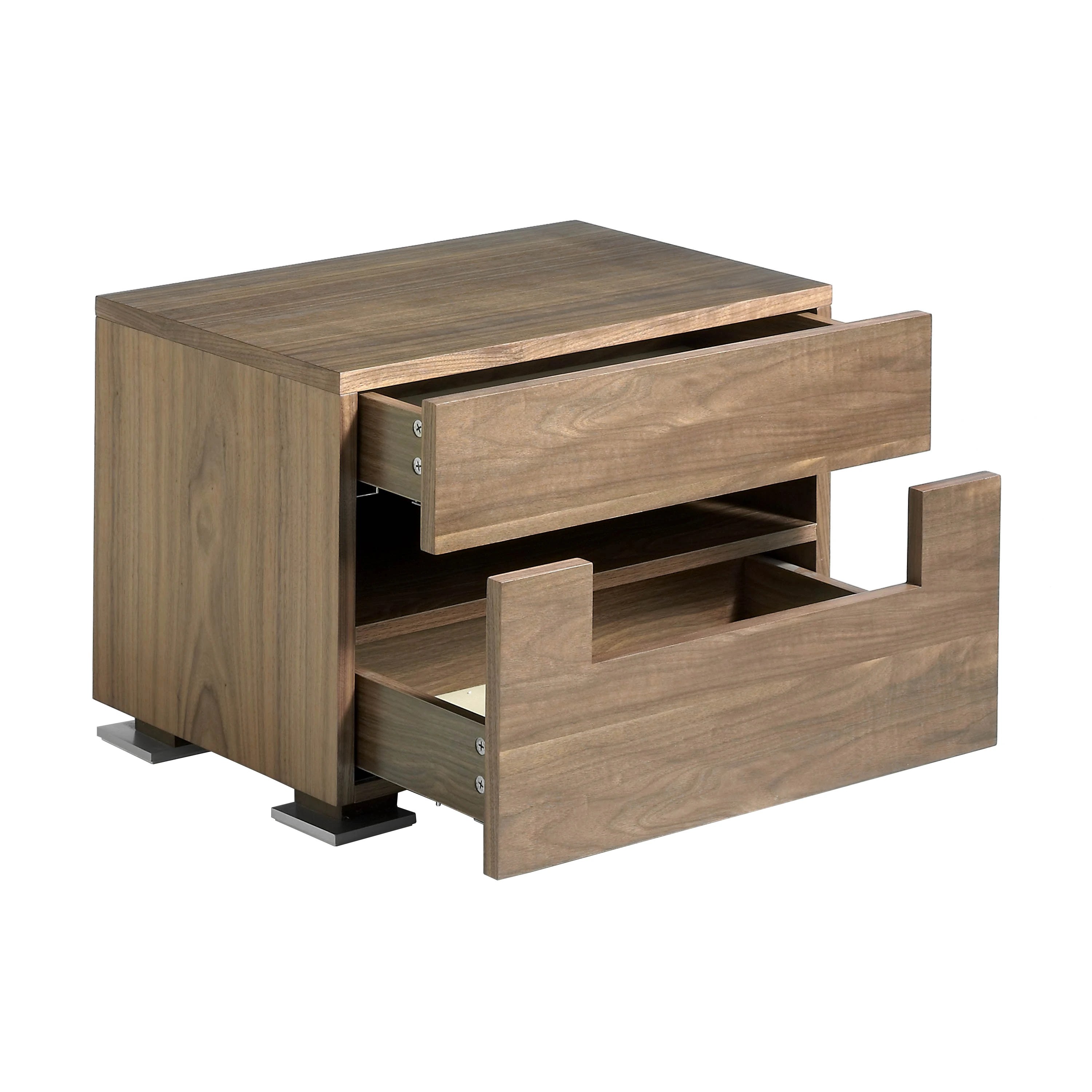 Table de chevet en noyer et acier poli avec éclairage intérieur