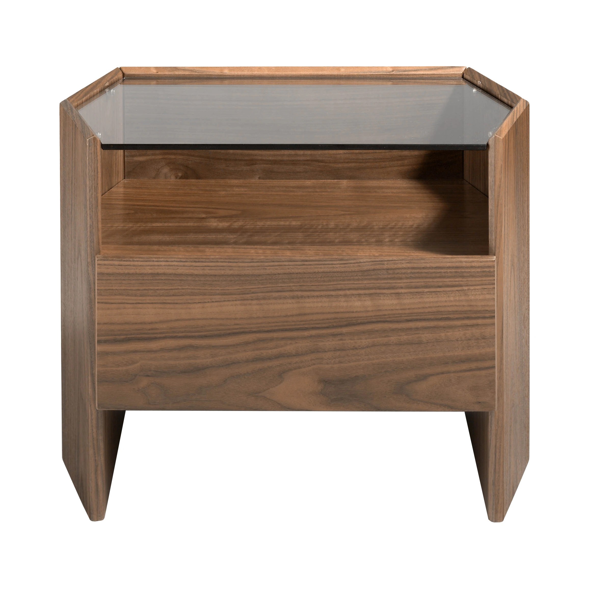 Table de chevet en noyer avec plateau en verre trempé