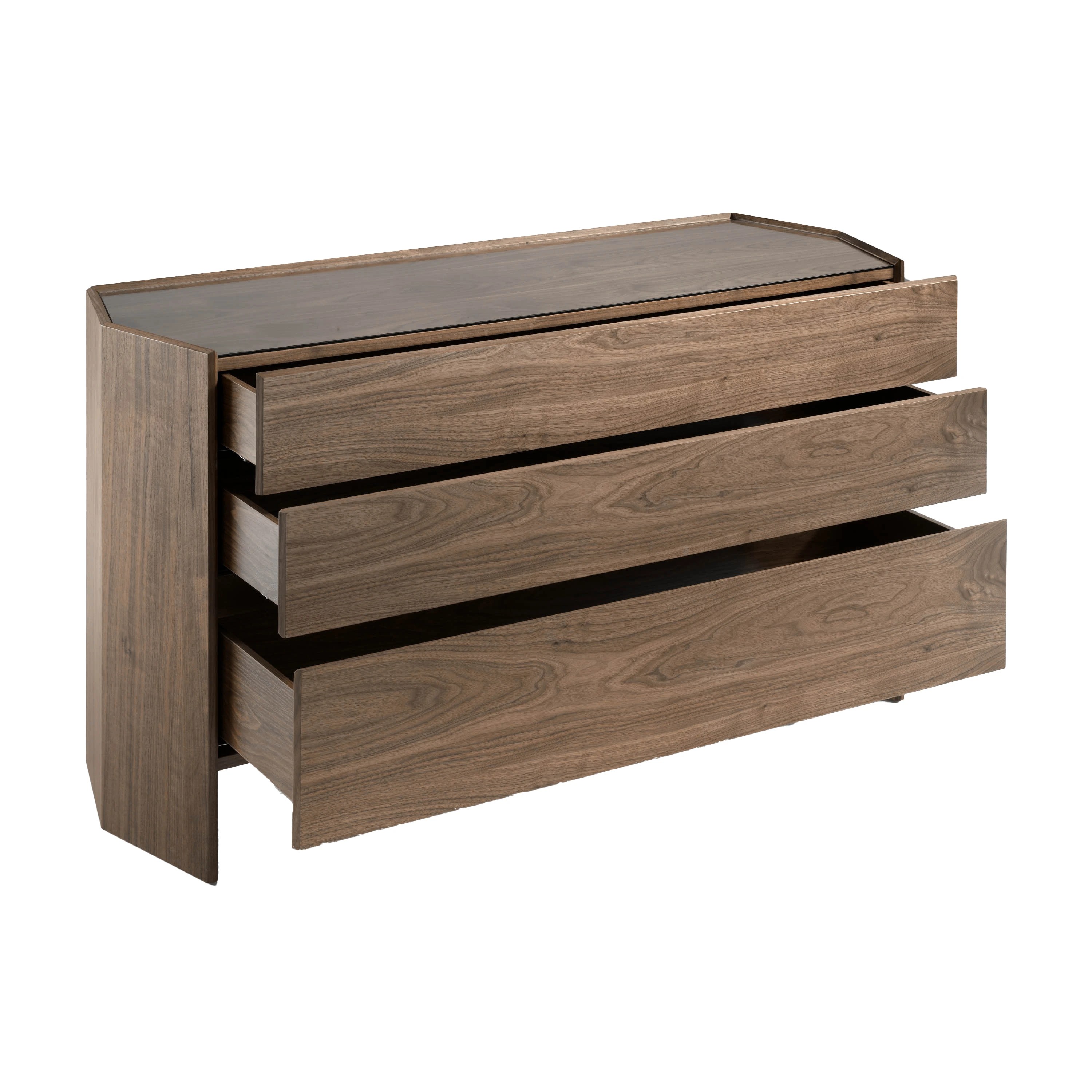 Commode en noyer avec plateau en verre trempé