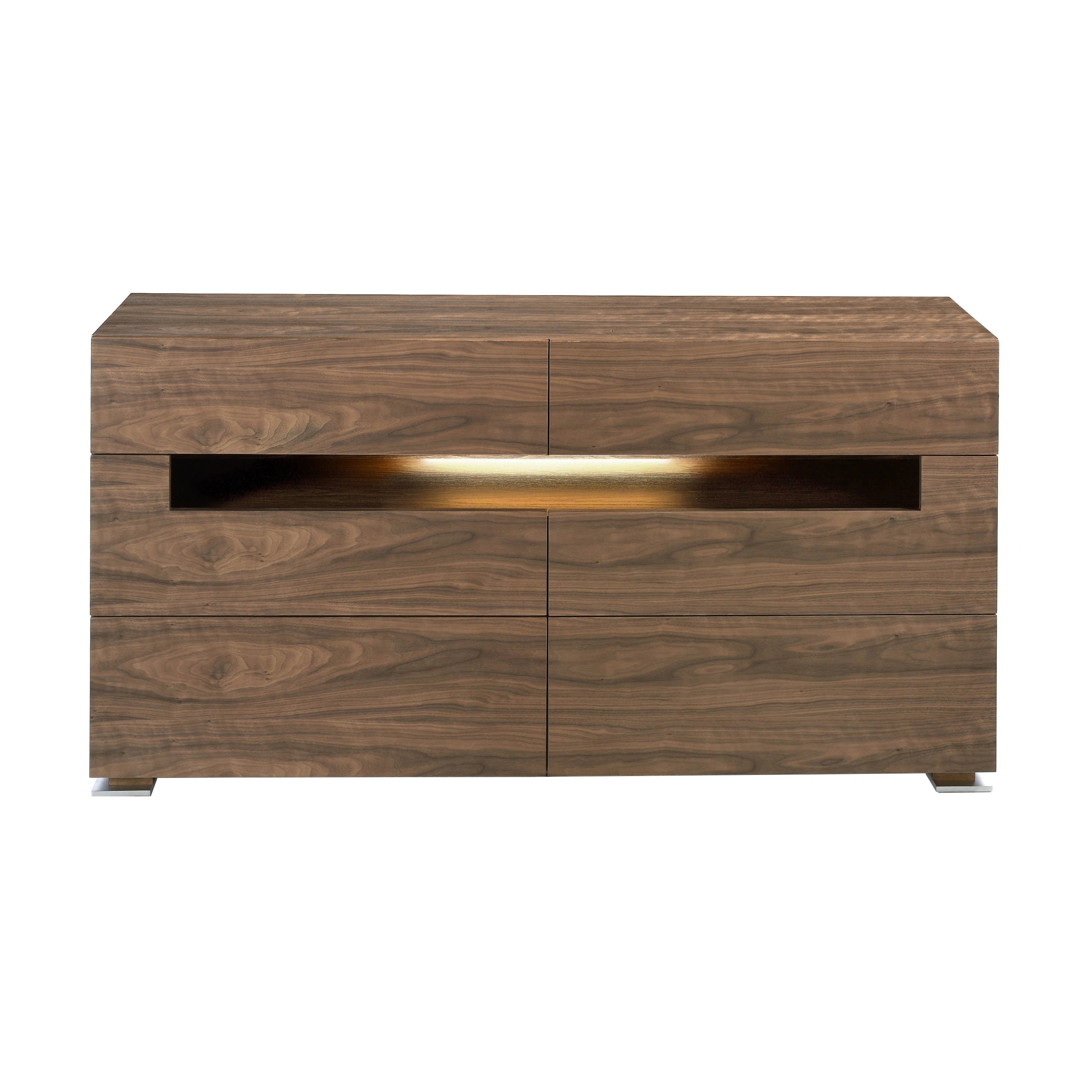 Buffet noyer et acier poli avec éclairage intérieur