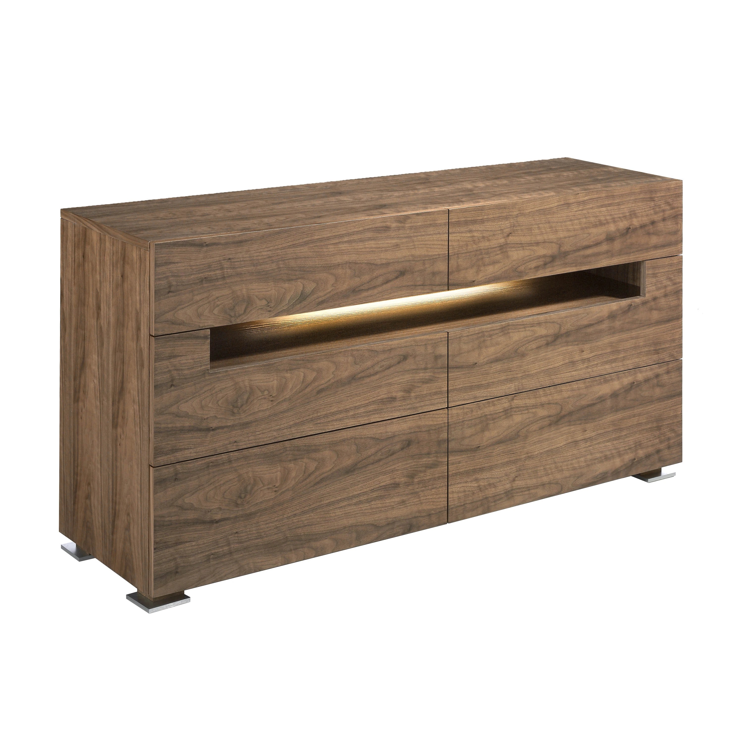 Buffet noyer et acier poli avec éclairage intérieur