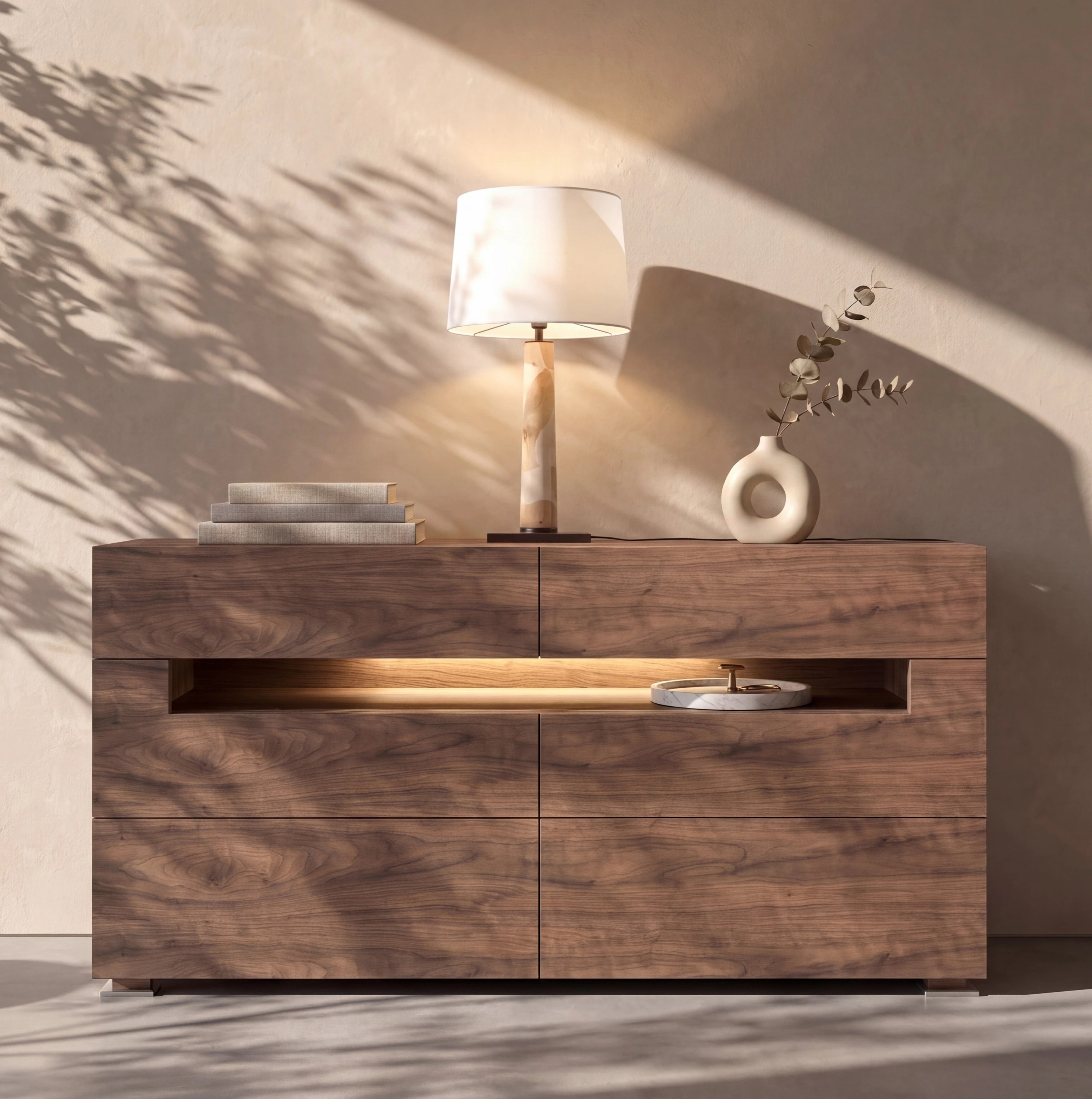 Buffet noyer et acier poli avec éclairage intérieur