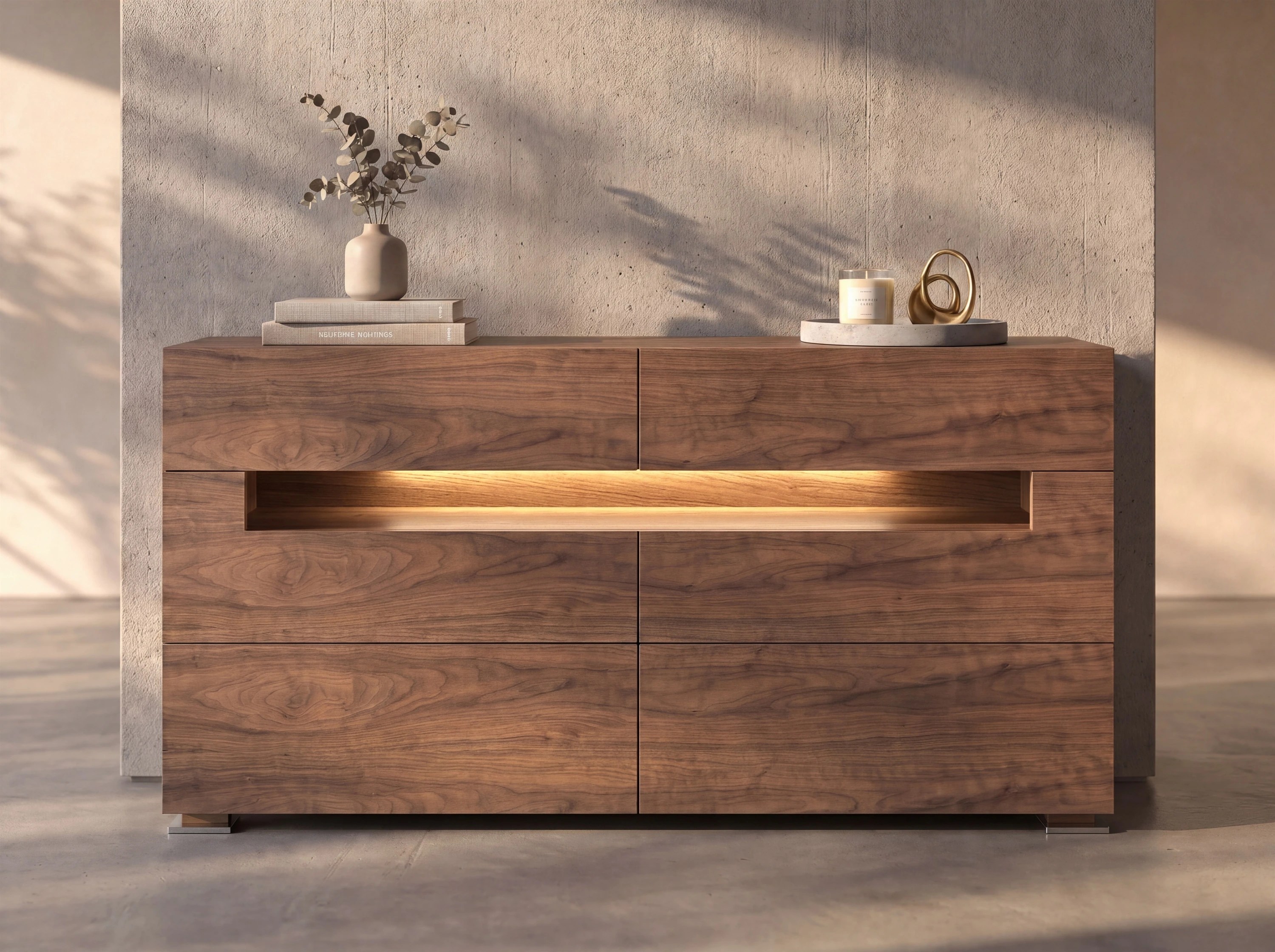 Buffet noyer et acier poli avec éclairage intérieur