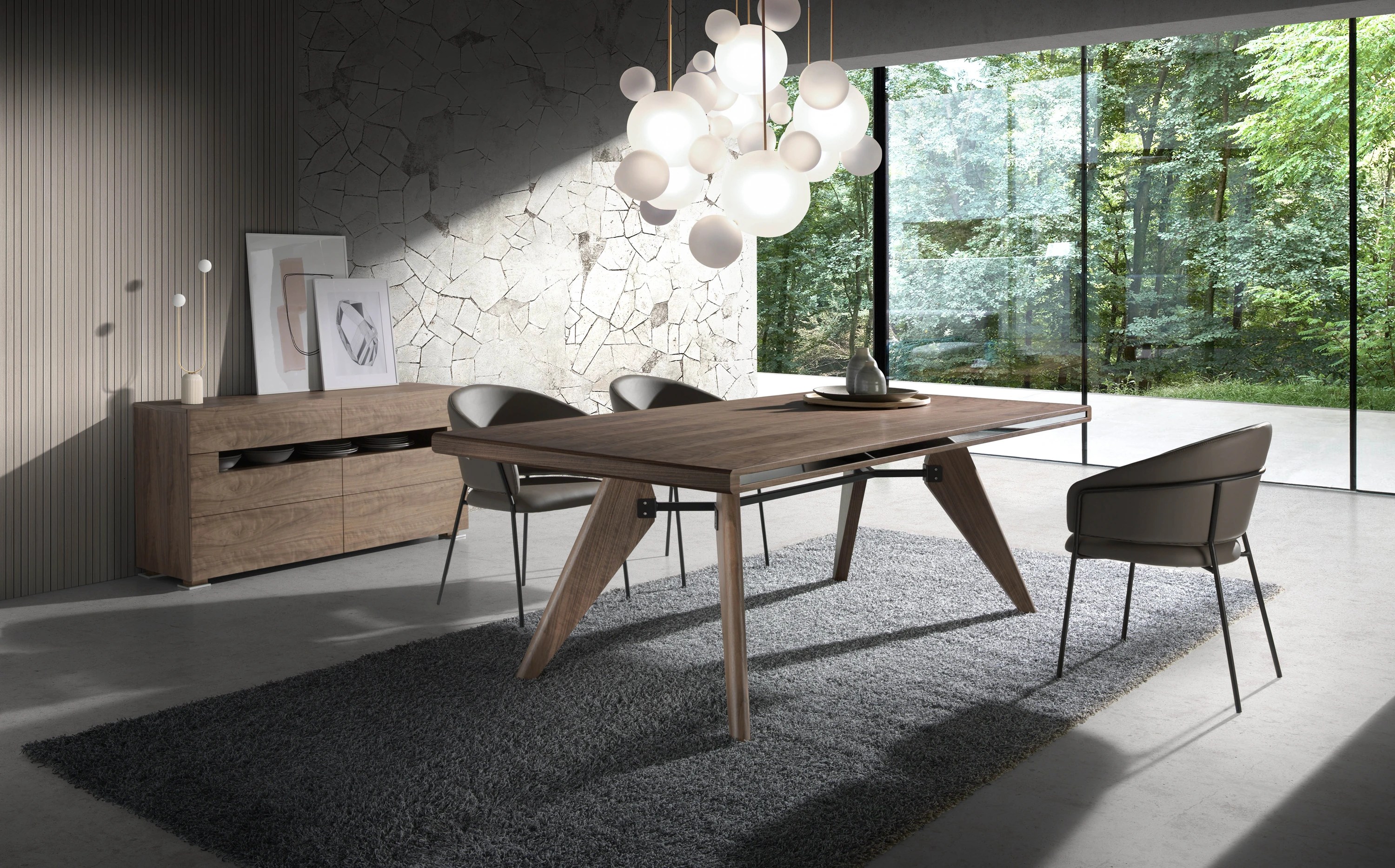 Buffet noyer et acier poli avec éclairage intérieur