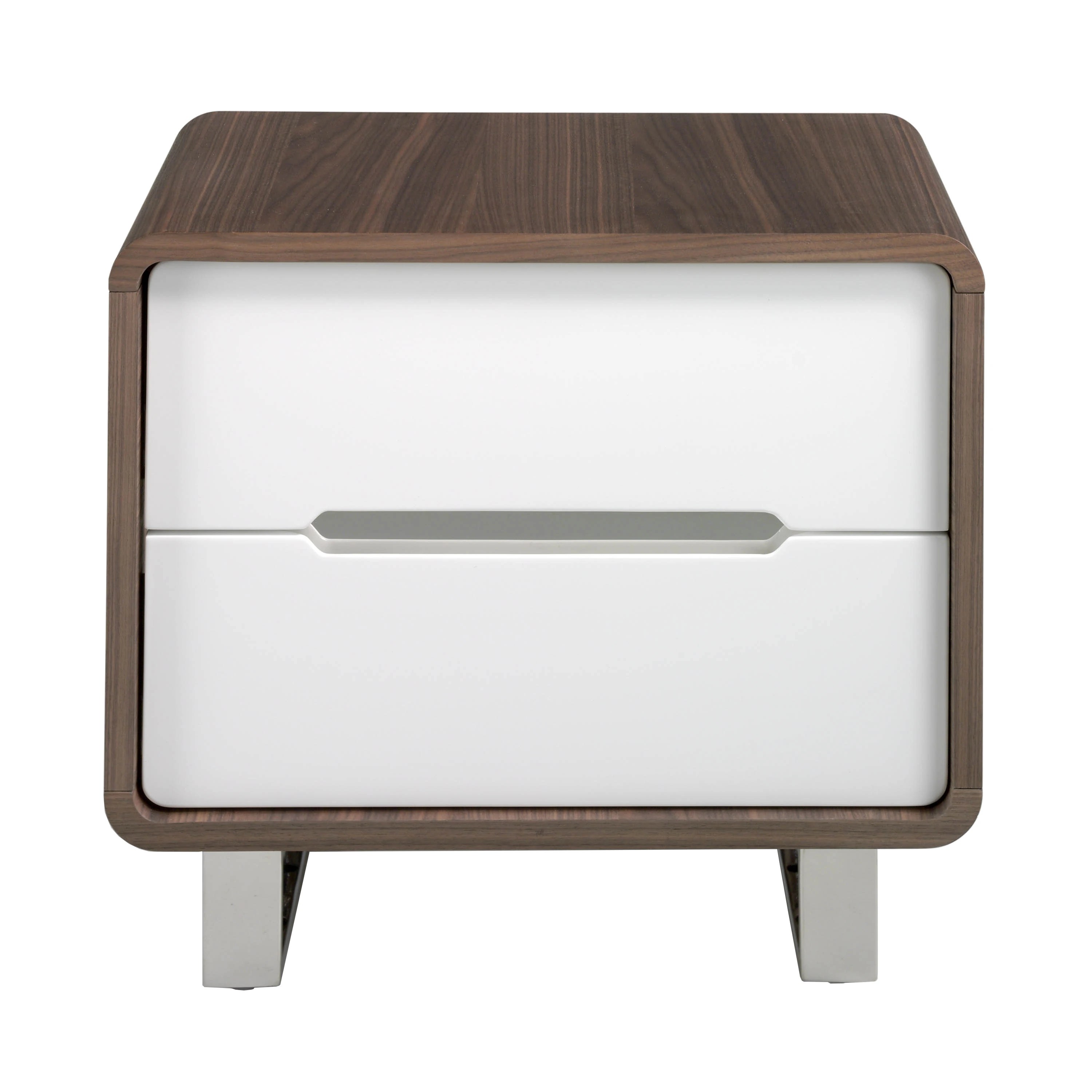 Table de chevet bois blanc, noyer et acier chromé