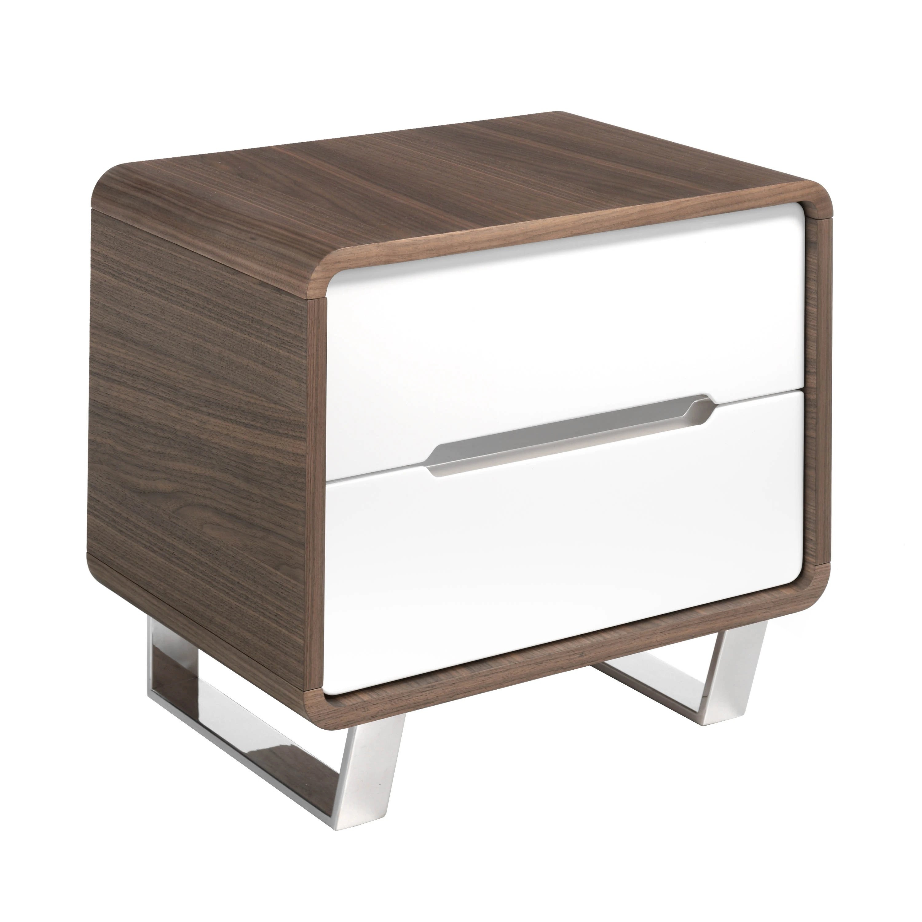 Table de chevet bois blanc, noyer et acier chromé