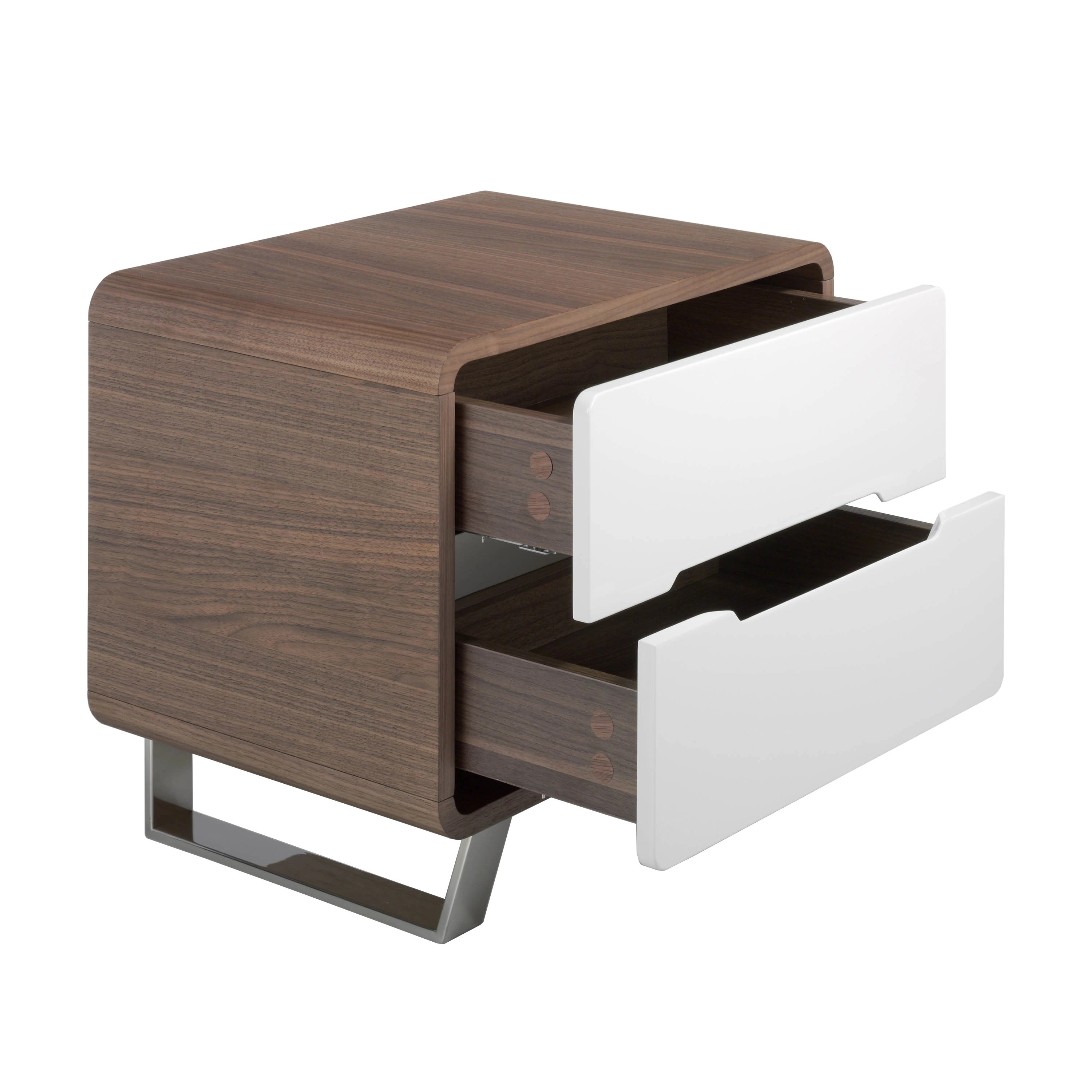 Table de chevet bois blanc, noyer et acier chromé