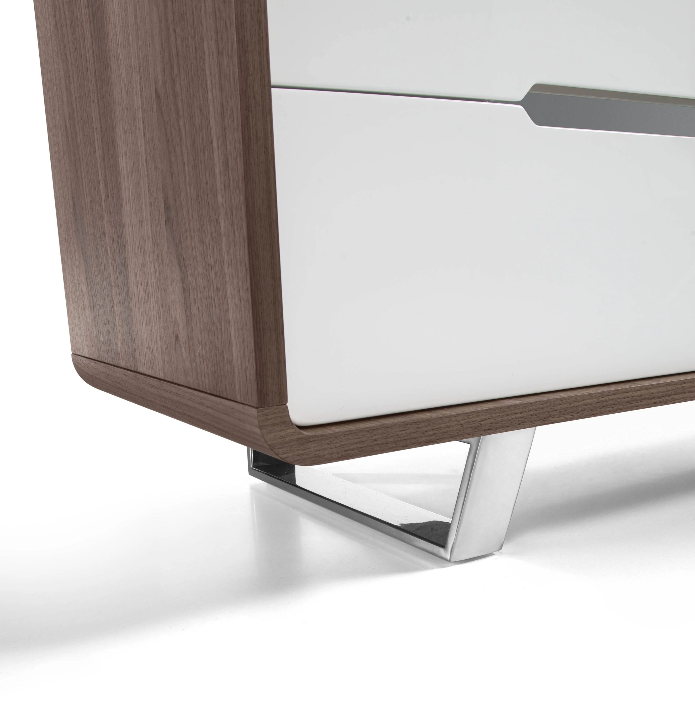 Table de chevet bois blanc, noyer et acier chromé