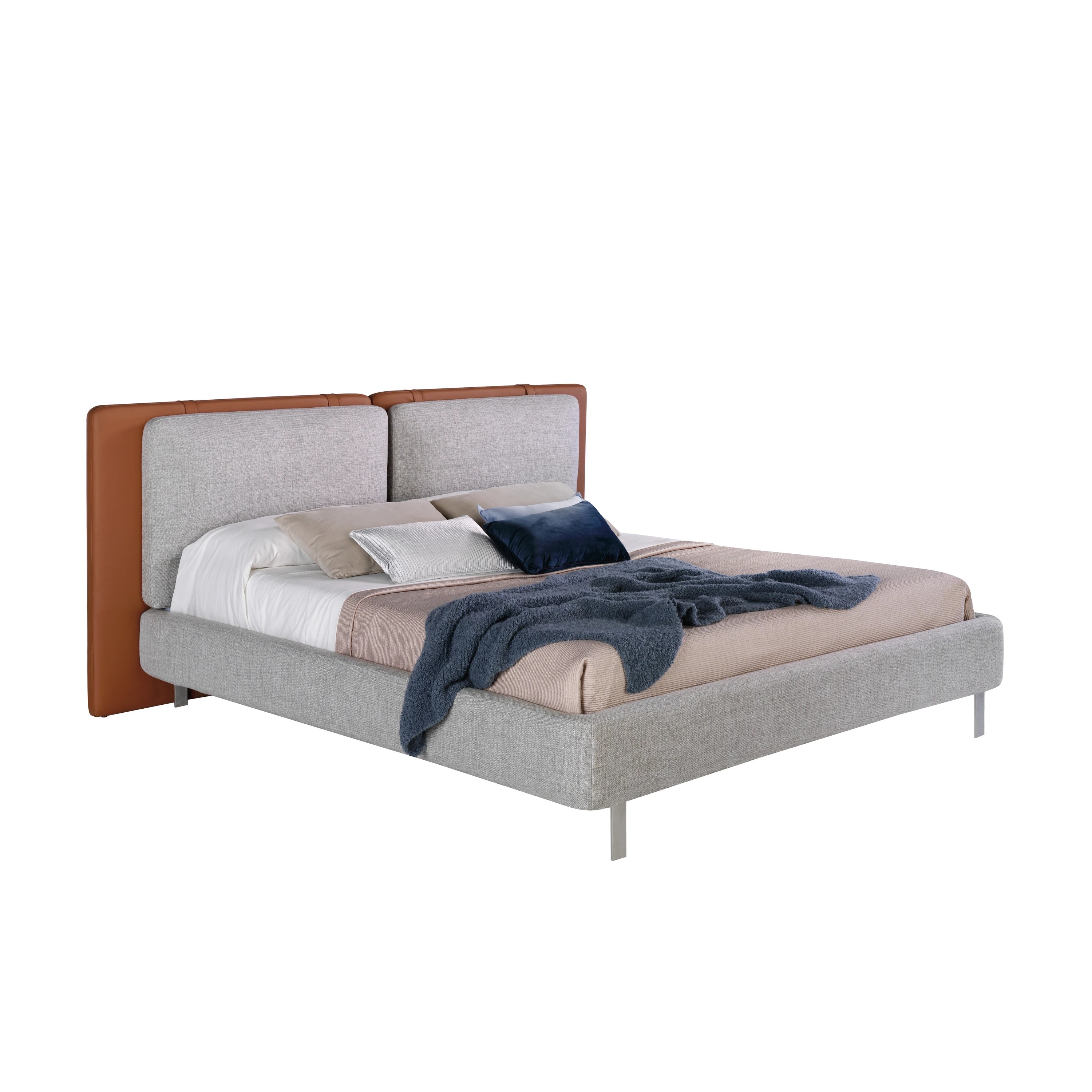Lit en similicuir marron avec tissu gris