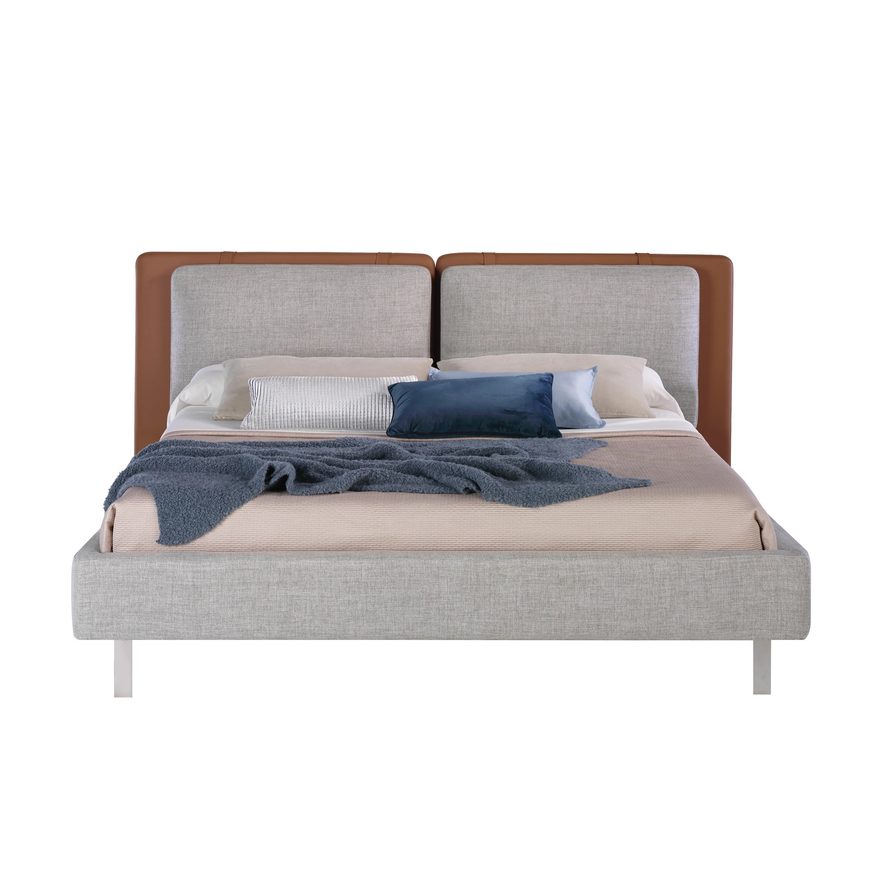 Lit en similicuir marron avec tissu gris