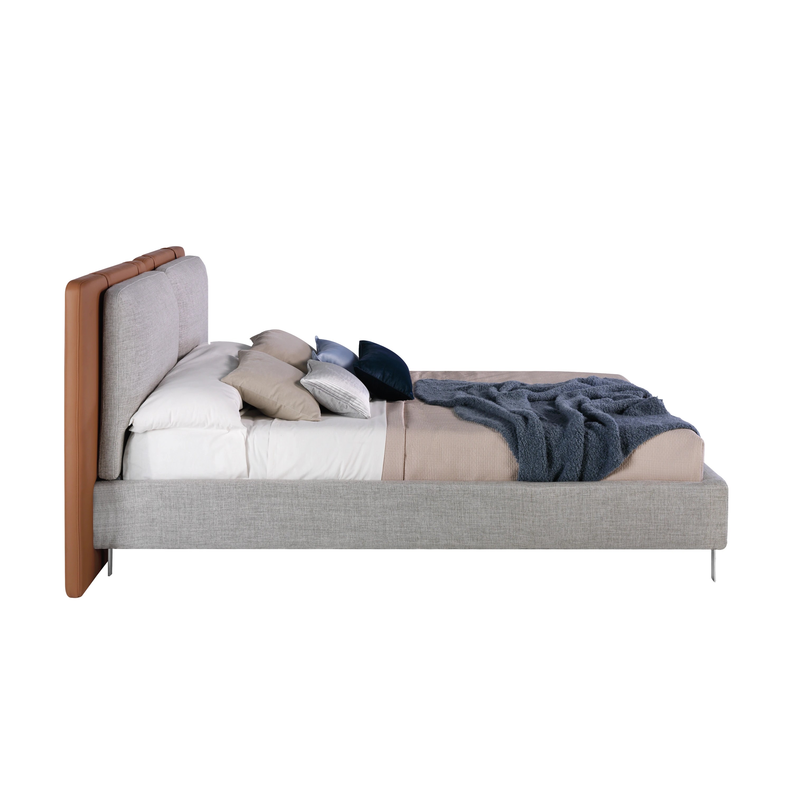 Lit en similicuir marron avec tissu gris