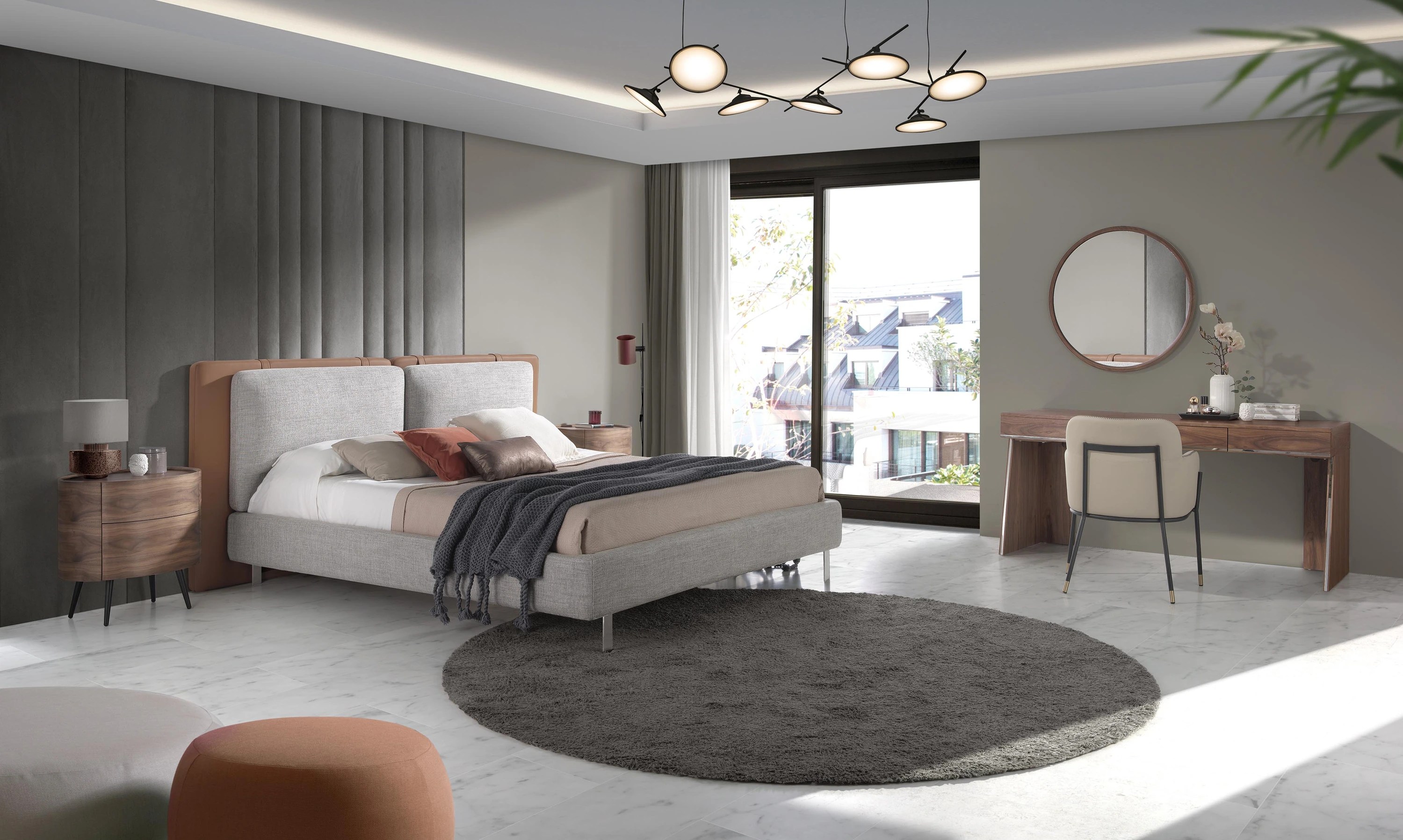 Lit en similicuir marron avec tissu gris