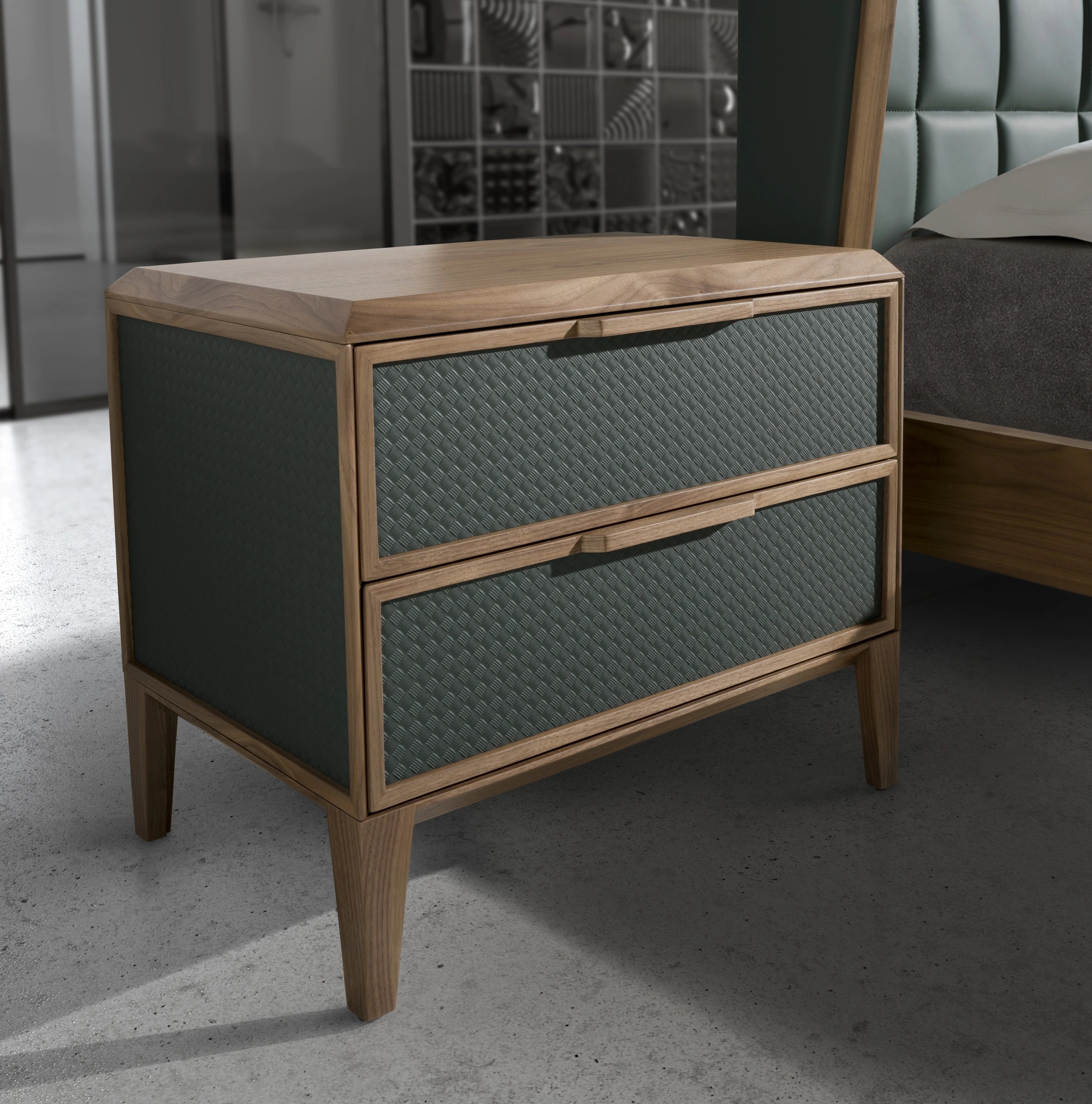 Table de chevet en pvc vert foncé et noyer