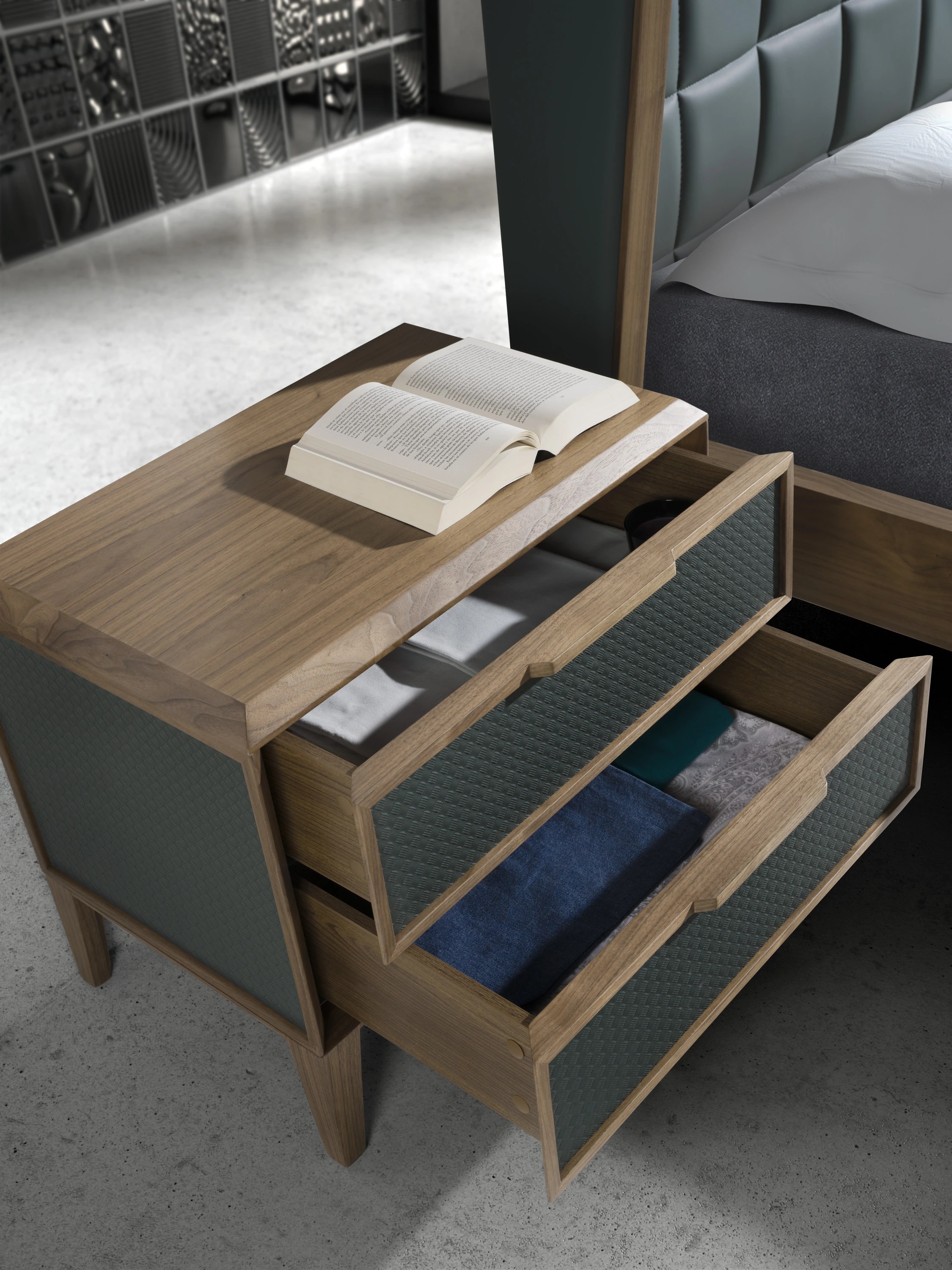 Table de chevet en pvc vert foncé et noyer